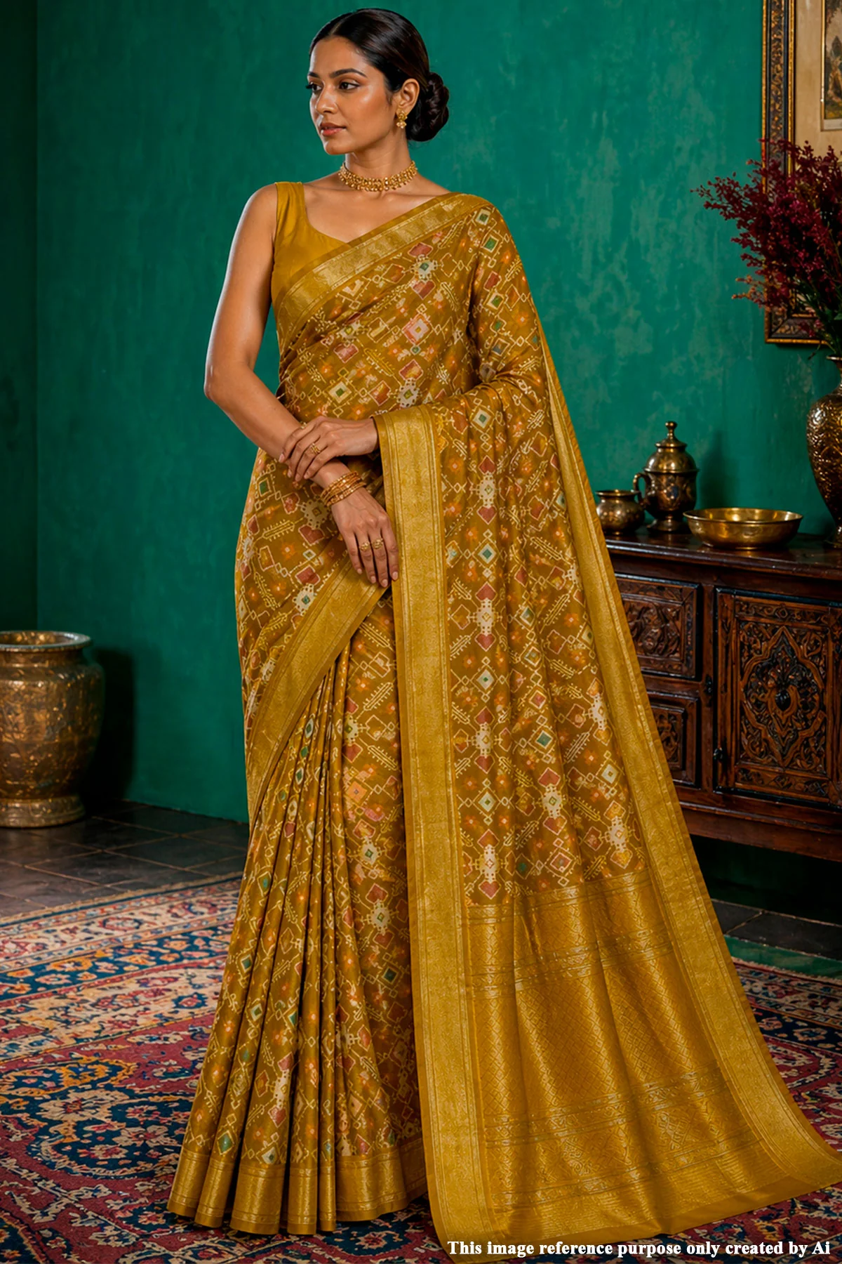 Royal Mehandi Patola Silk Saree with Intricate Weave & Zari Border