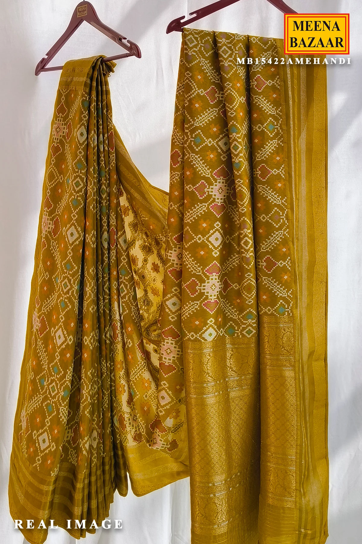 Royal Mehandi Patola Silk Saree with Intricate Weave & Zari Border - Image 2