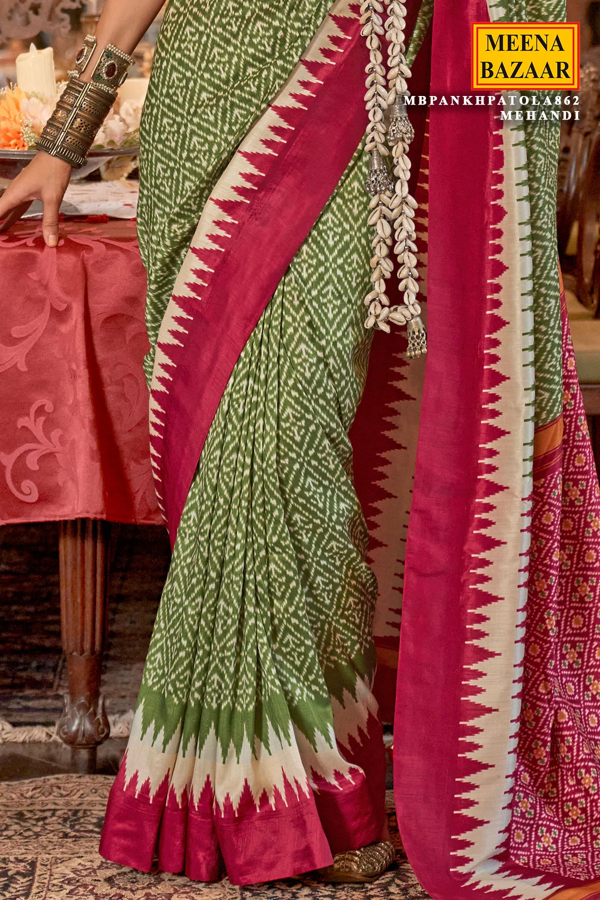 Mehandi Silk Patola Printed Saree for Festive & Traditional Wear - Image 3