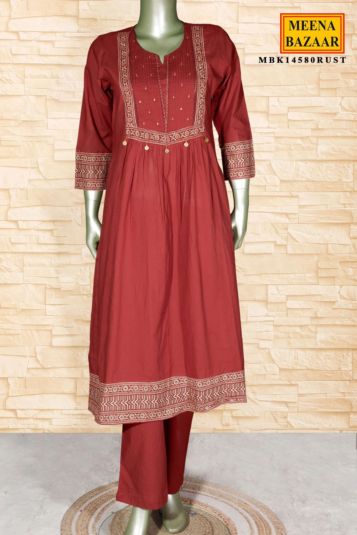 Rust Cotton Ready-Made Suit With Neck Embroidery & Printed Dupatta - Image 3