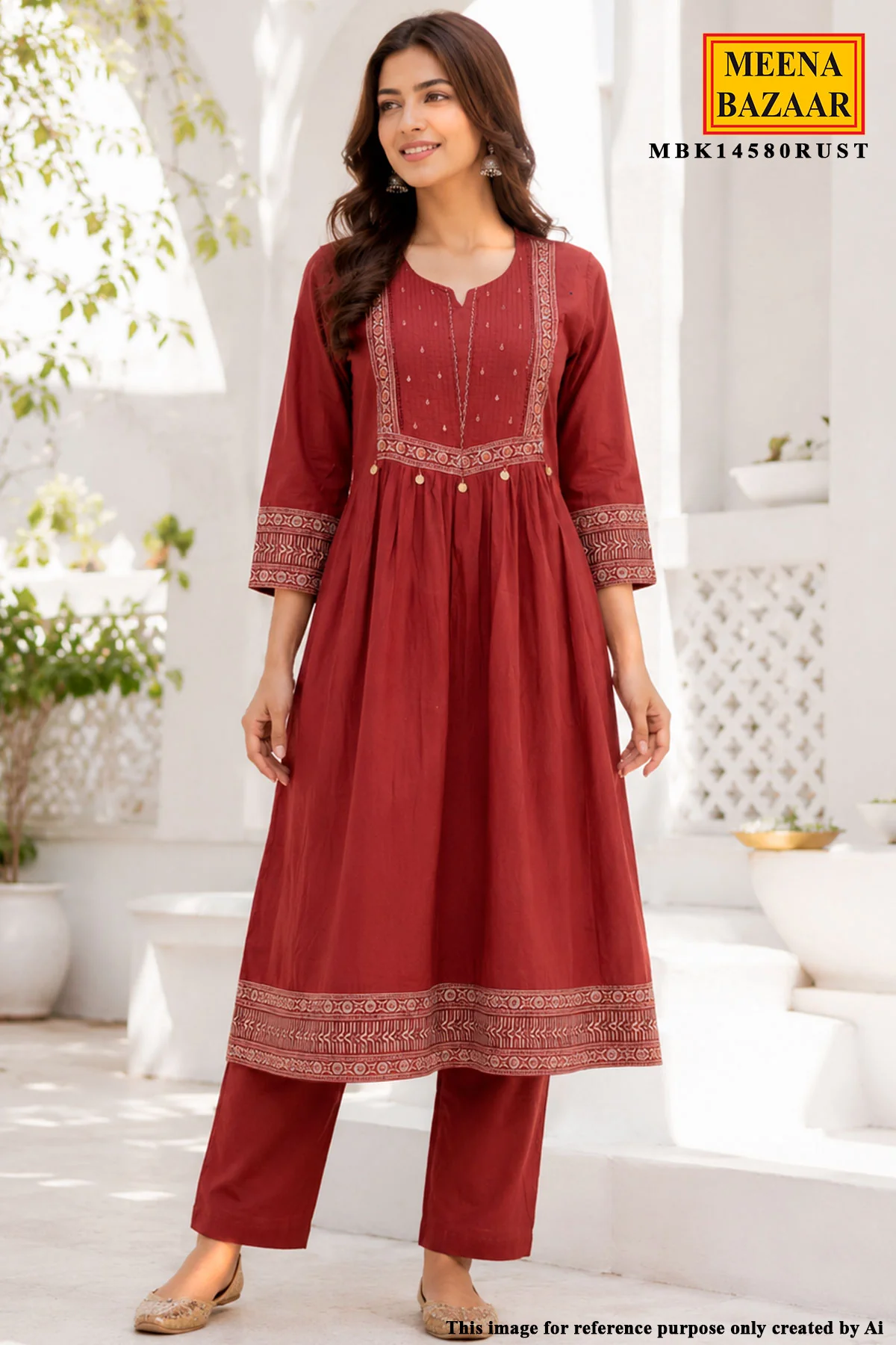 Rust Cotton Ready-Made Suit With Neck Embroidery & Printed Dupatta - Image 4