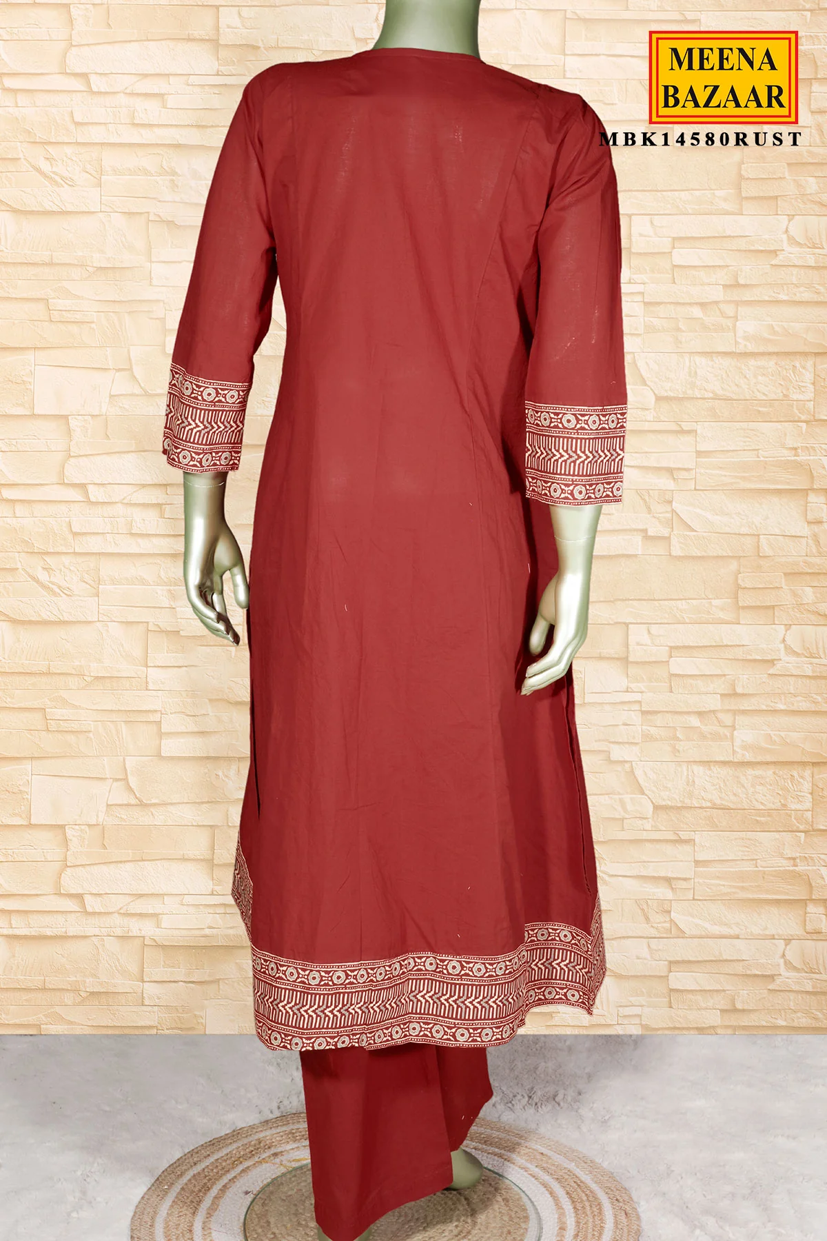 Rust Cotton Ready-Made Suit With Neck Embroidery & Printed Dupatta - Image 5
