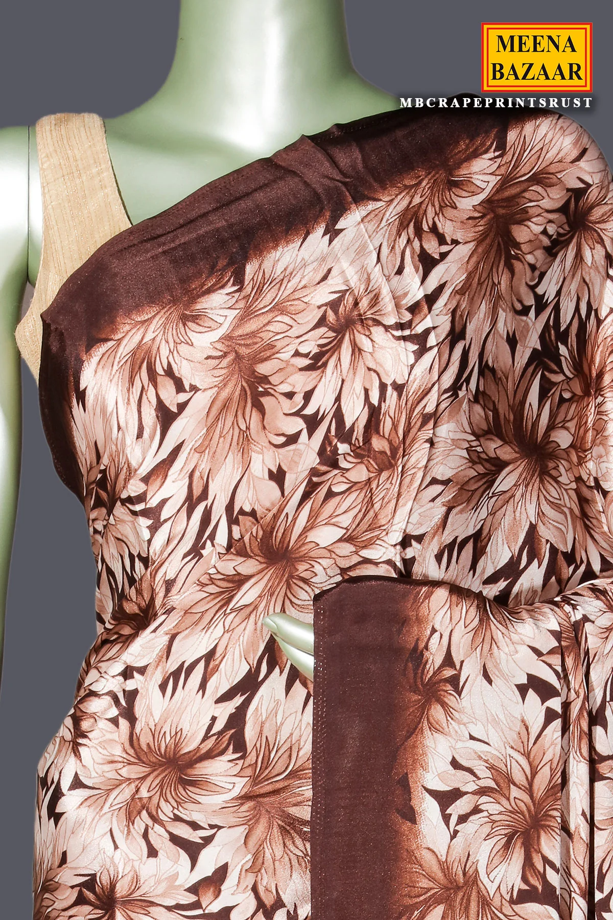 Rust Crepe Saree with Vibrant Heritage Printed Design - Image 3