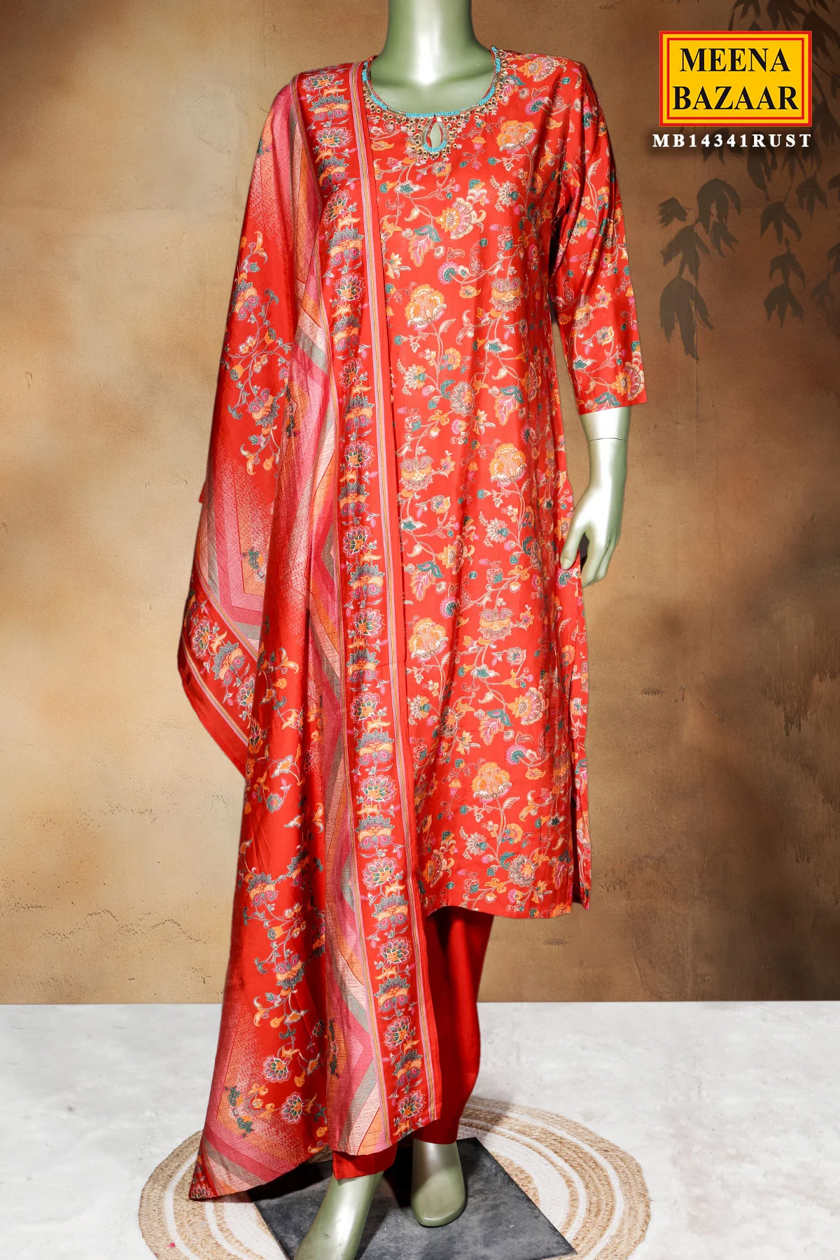 Rust Maslin Ready-Made Suit with Embroidered Neck - Image 2