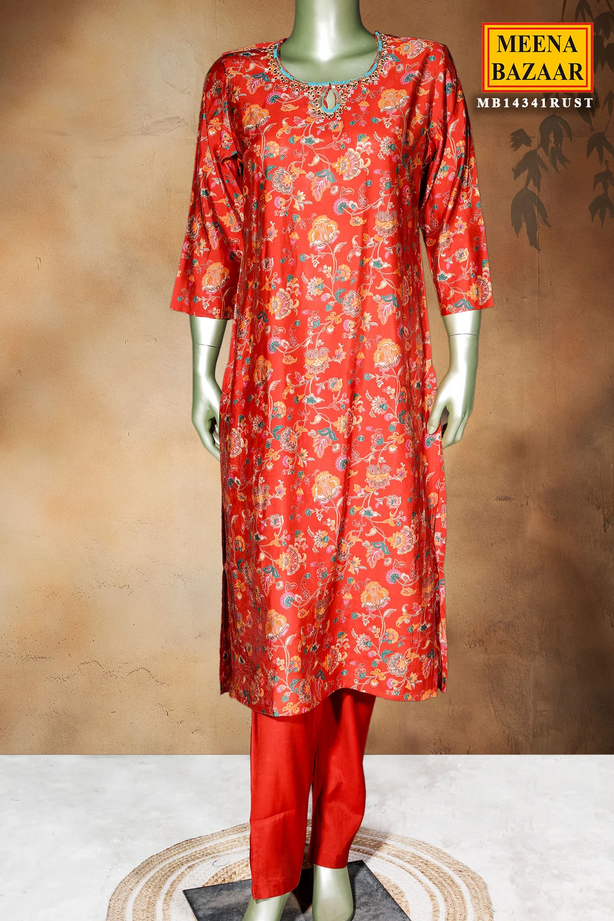 Rust Maslin Ready-Made Suit with Embroidered Neck - Image 3
