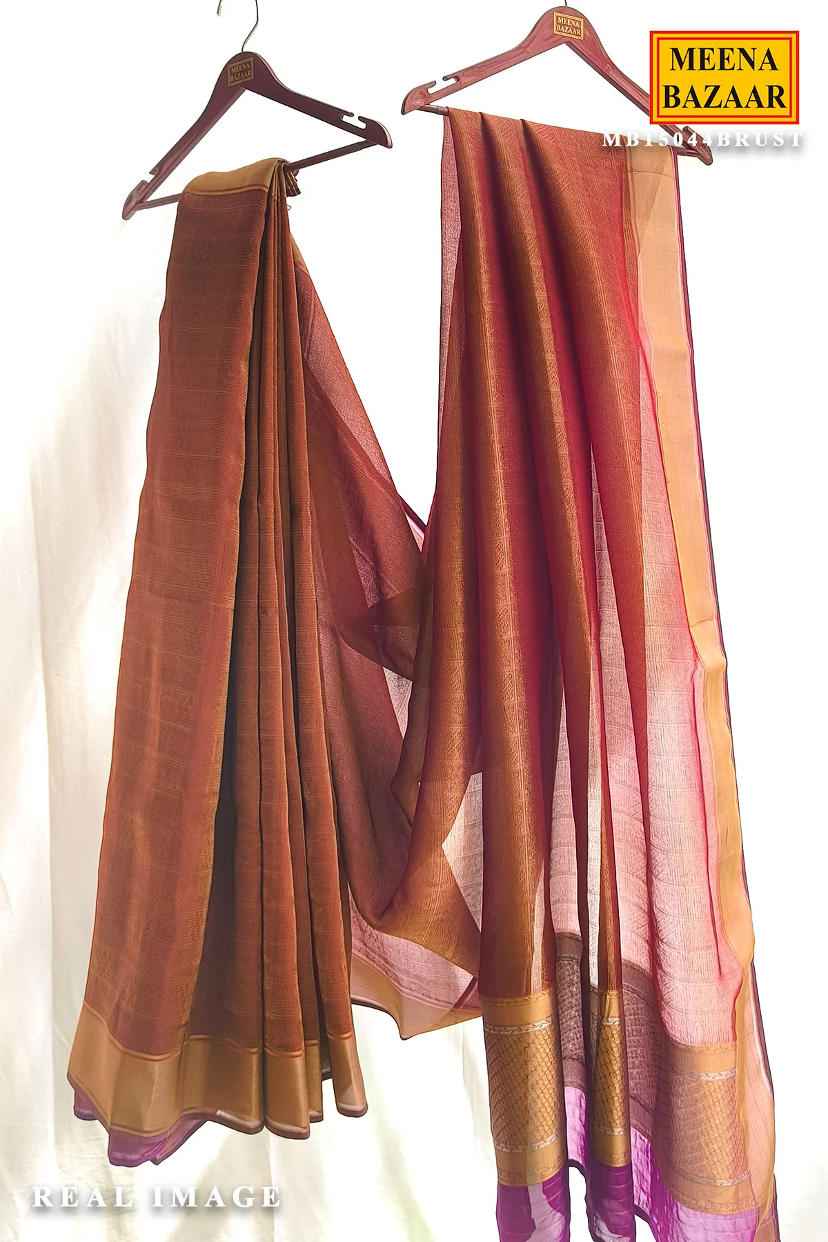 Rust Organza Weave Saree with Wine Accents - Image 2