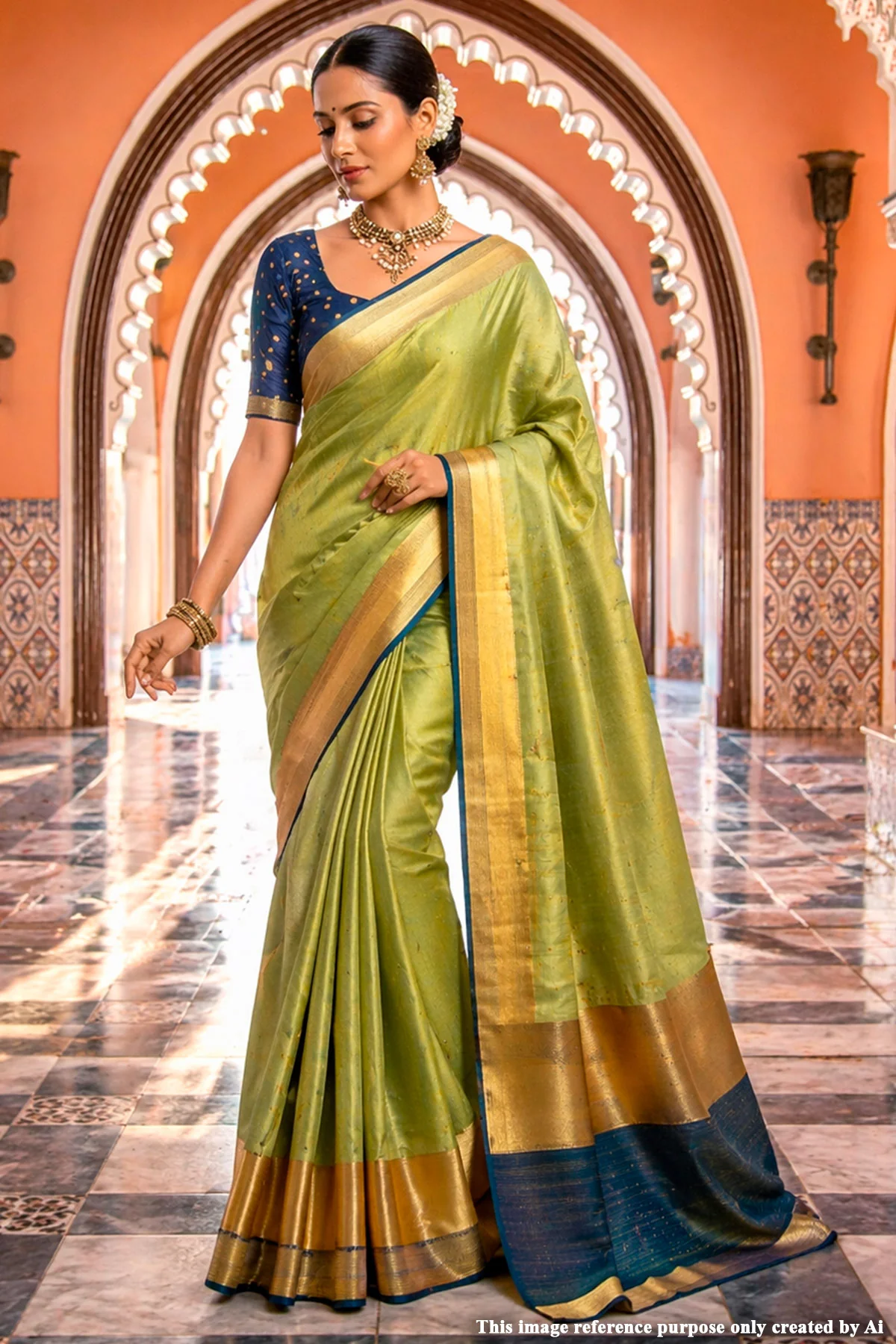 Pista Gold Weave Saree with Regal Blue Accents