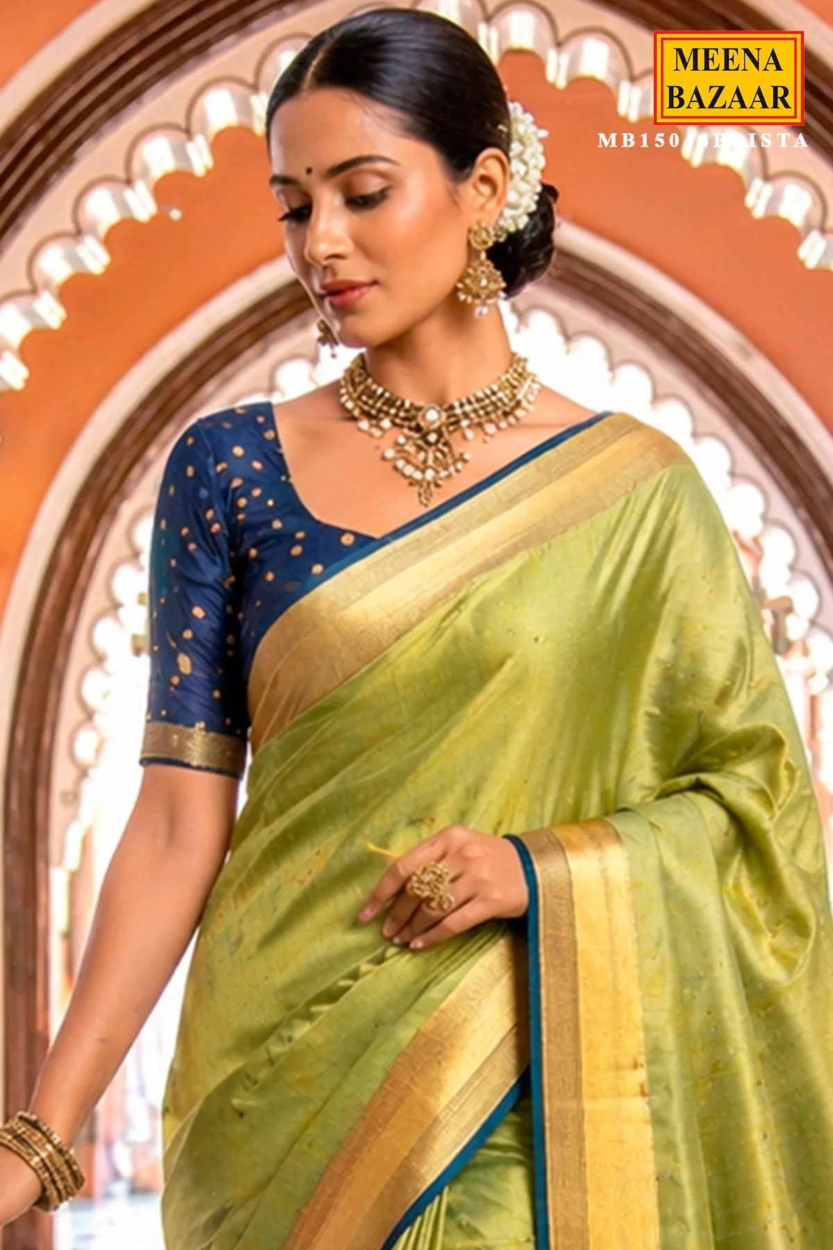 Pista Gold Weave Saree with Regal Blue Accents - Image 2