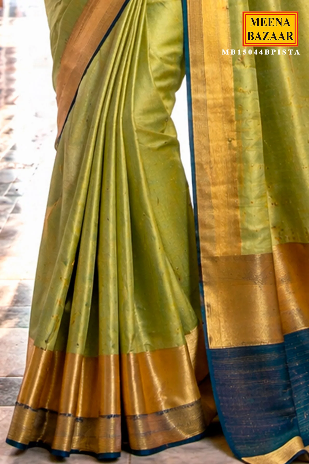 Pista Gold Weave Saree with Regal Blue Accents - Image 3