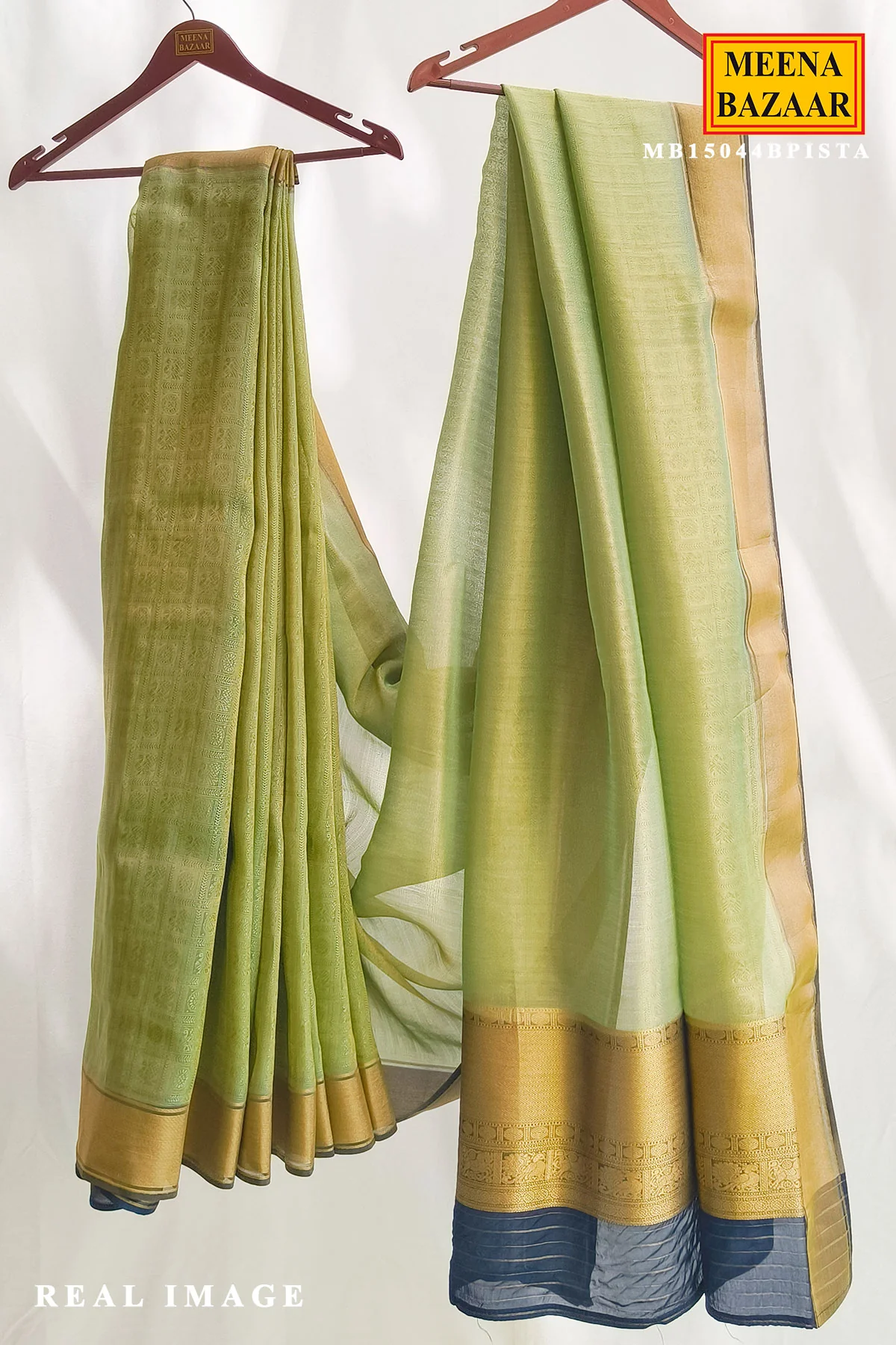 Pista Gold Weave Saree with Regal Blue Accents - Image 4