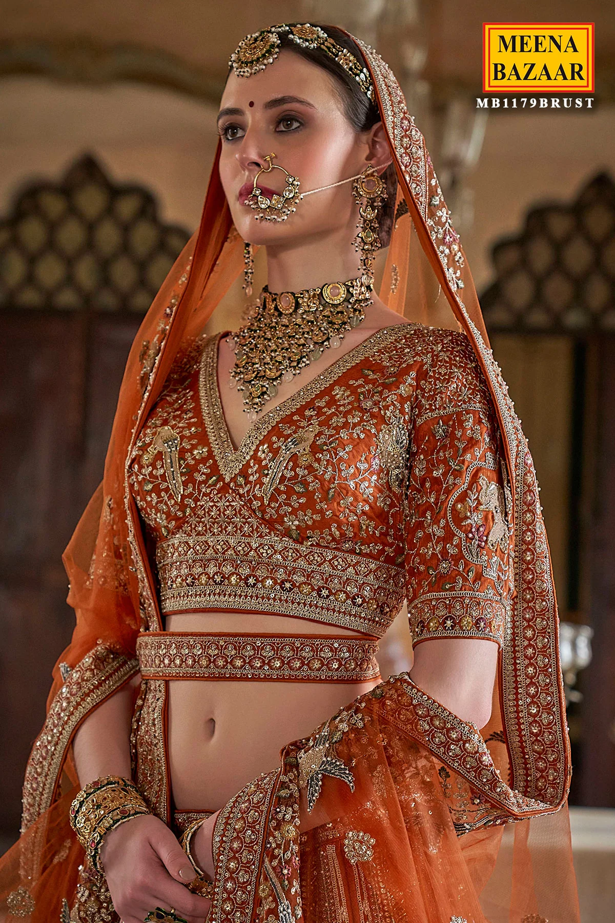 Rust Silk Zari and Sequin Embroidered Bridal Lehenga – Luxurious Wedding Wear - Image 2