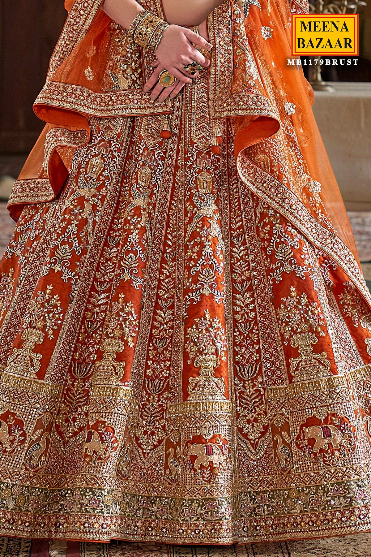 Rust Silk Zari and Sequin Embroidered Bridal Lehenga – Luxurious Wedding Wear - Image 3