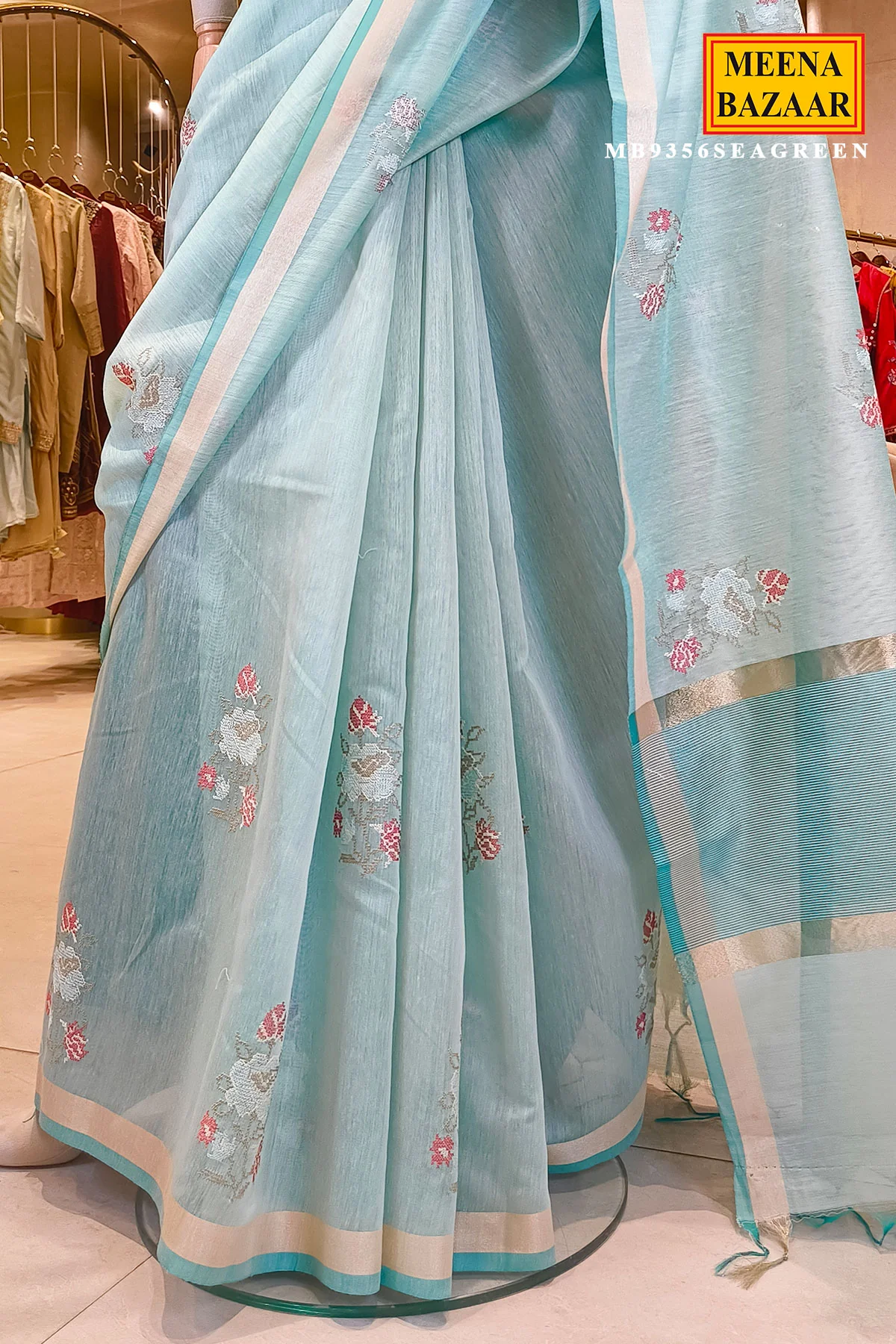 Sea Green Cotton Embroidered Saree for Women - Image 4