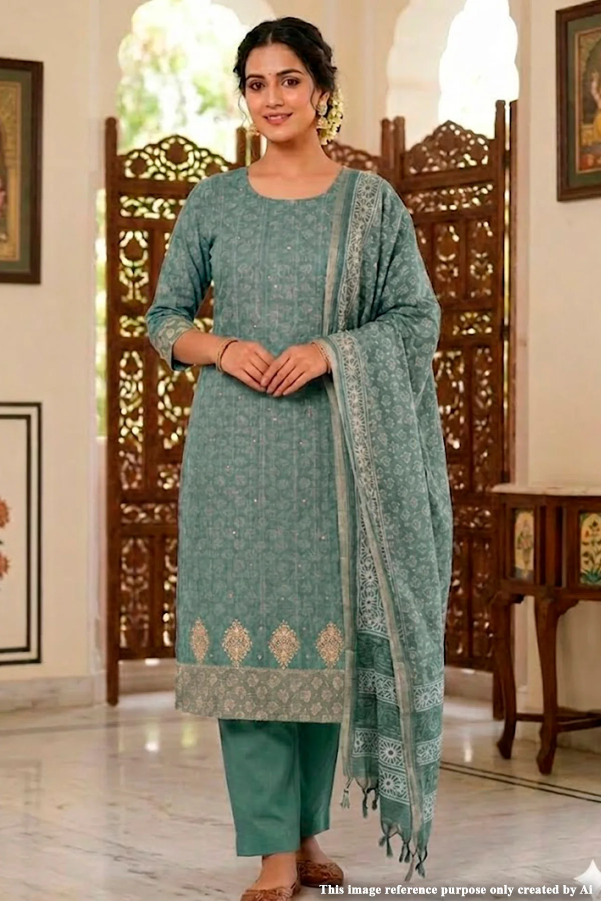 Sea Green Cotton Embroidered Unstitched Suit