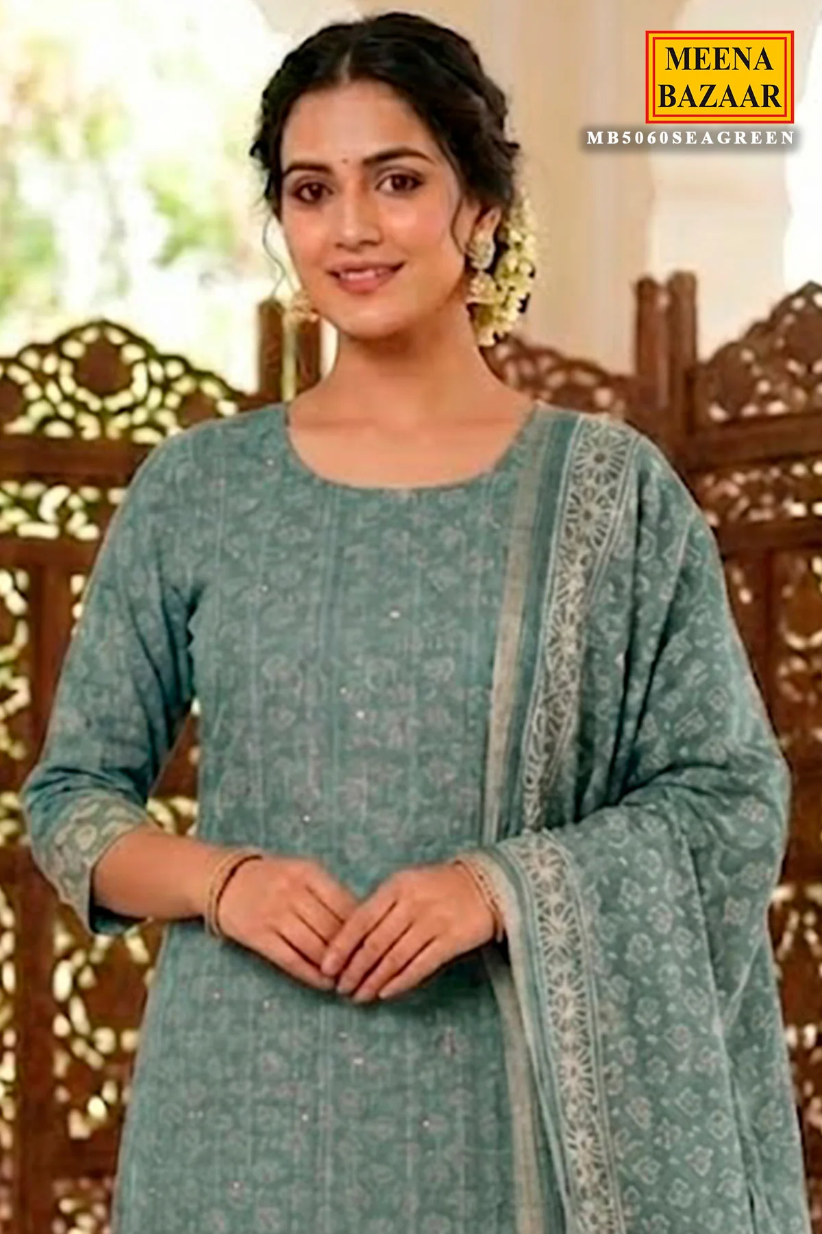 Sea Green Cotton Embroidered Unstitched Suit - Image 2