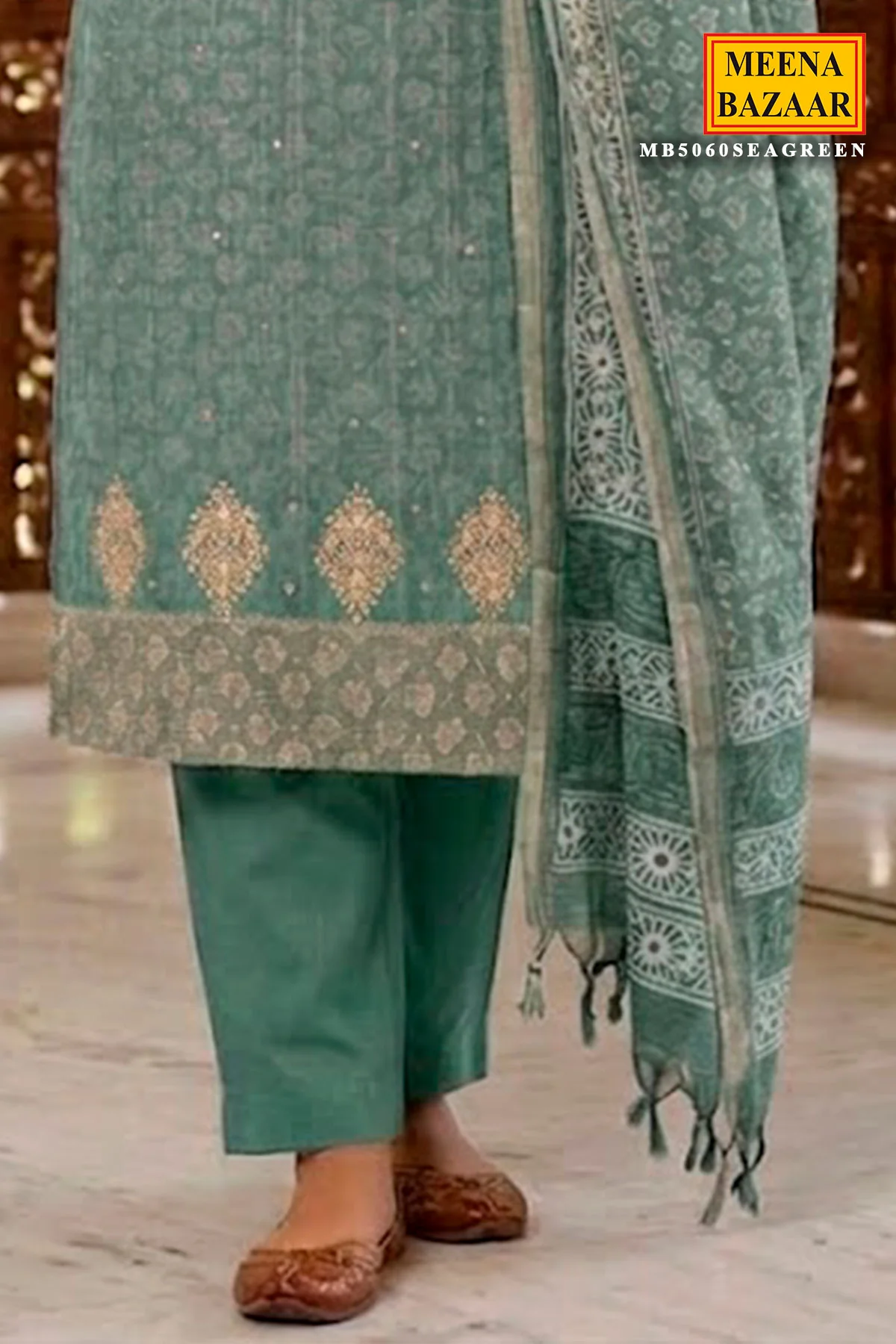 Sea Green Cotton Embroidered Unstitched Suit - Image 3