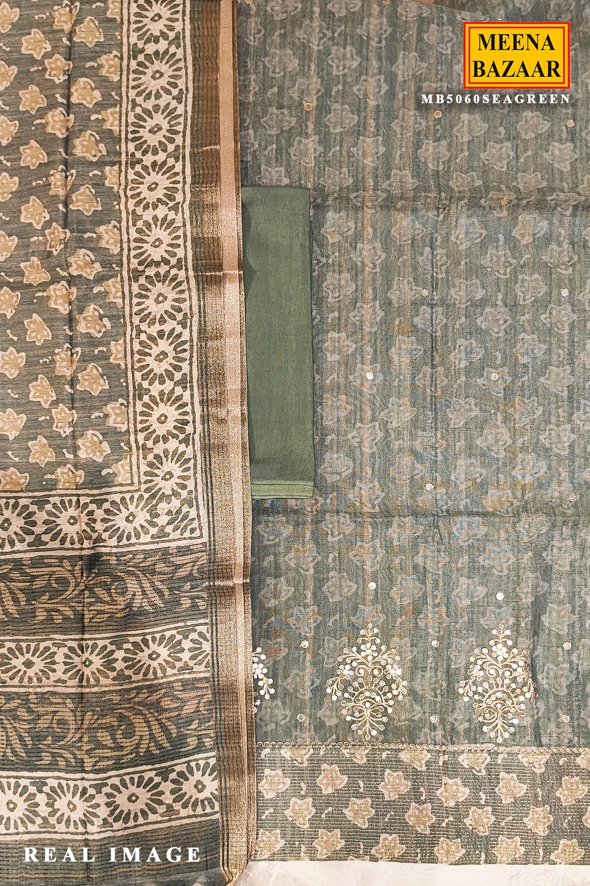 Sea Green Cotton Embroidered Unstitched Suit - Image 4