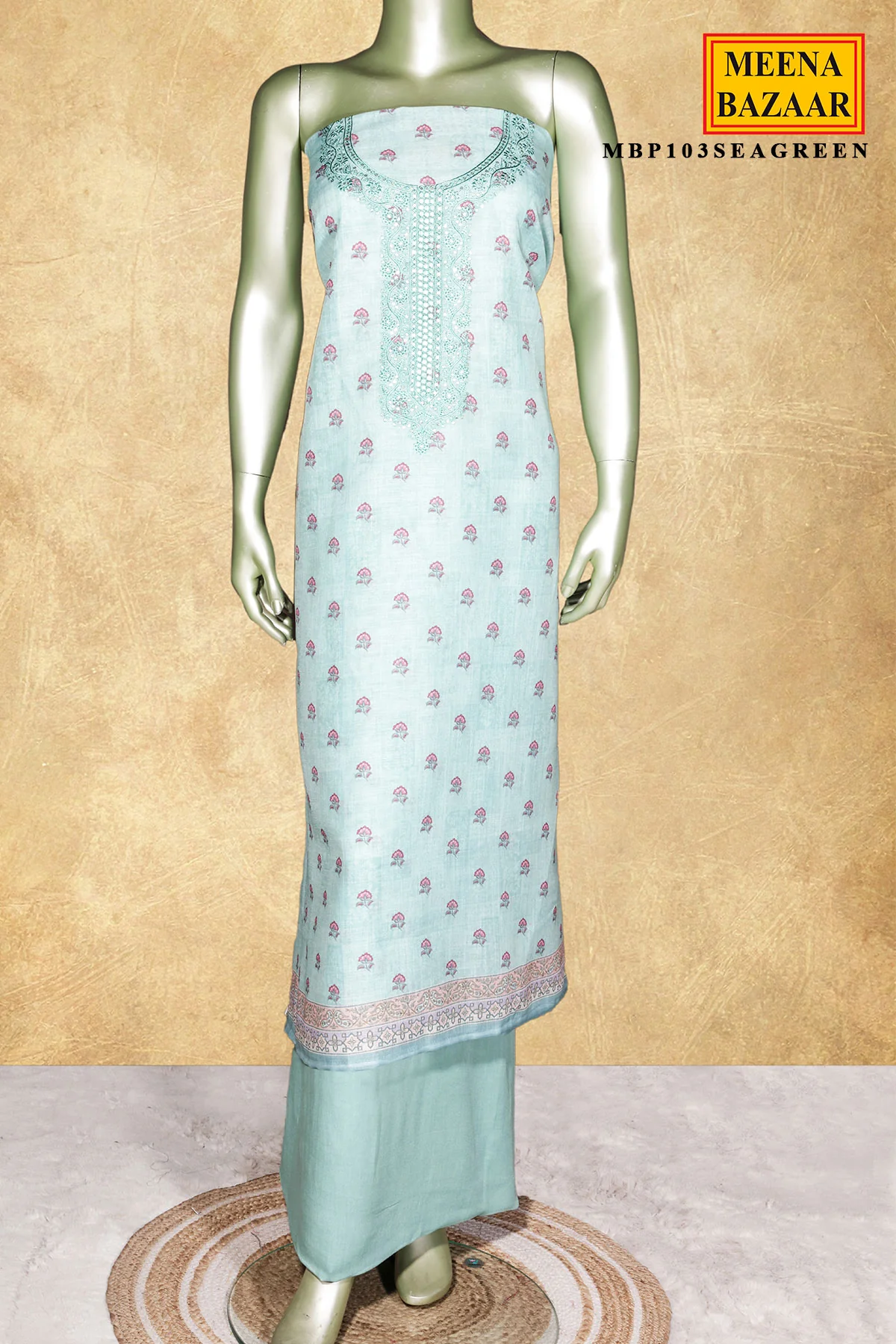 Sea Green Cotton Embroidered Unstitched Suit - Image 3