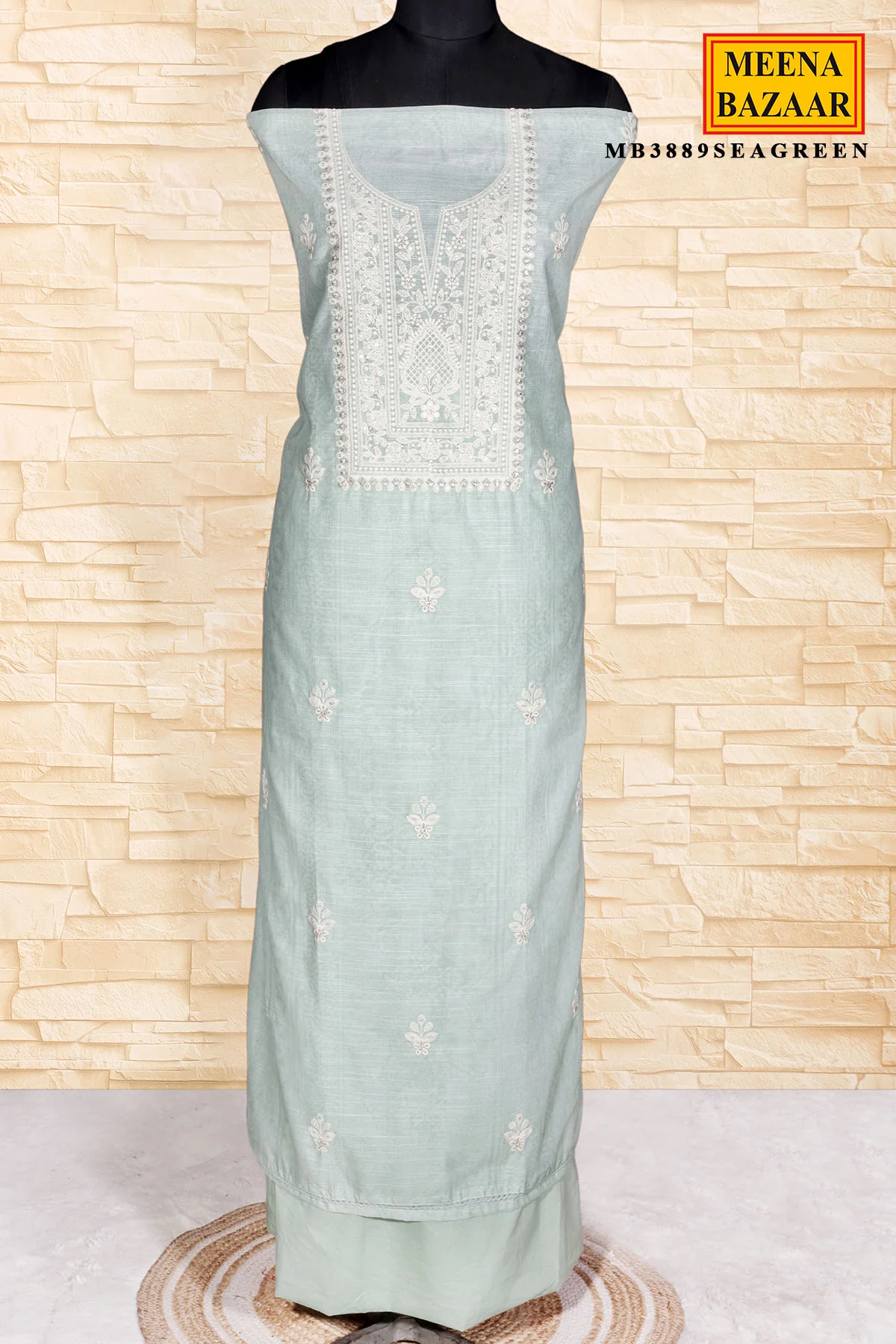 Sea Green Cotton Embroidered Unstitched Suit Set - Image 3