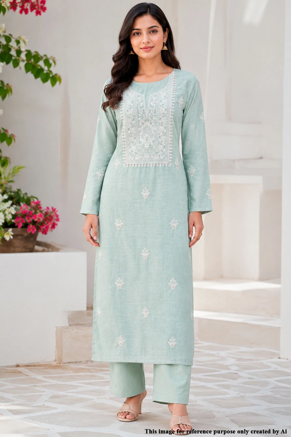 Sea Green Cotton Embroidered Unstitched Suit Set - Image 4