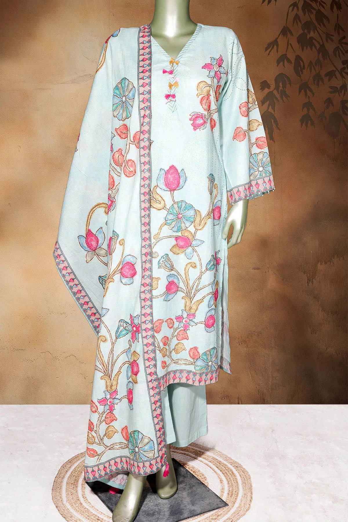 Sea Green Cotton Ready Made Suit with Elegant Neck Embroidery - Image 3