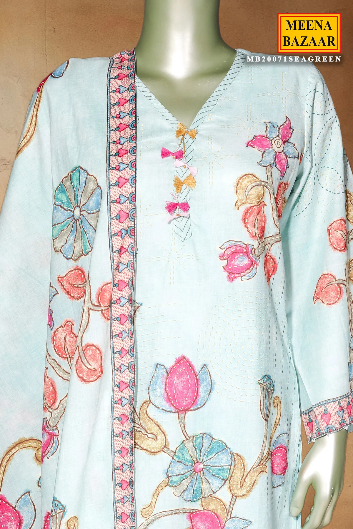 Sea Green Cotton Ready Made Suit with Elegant Neck Embroidery - Image 4