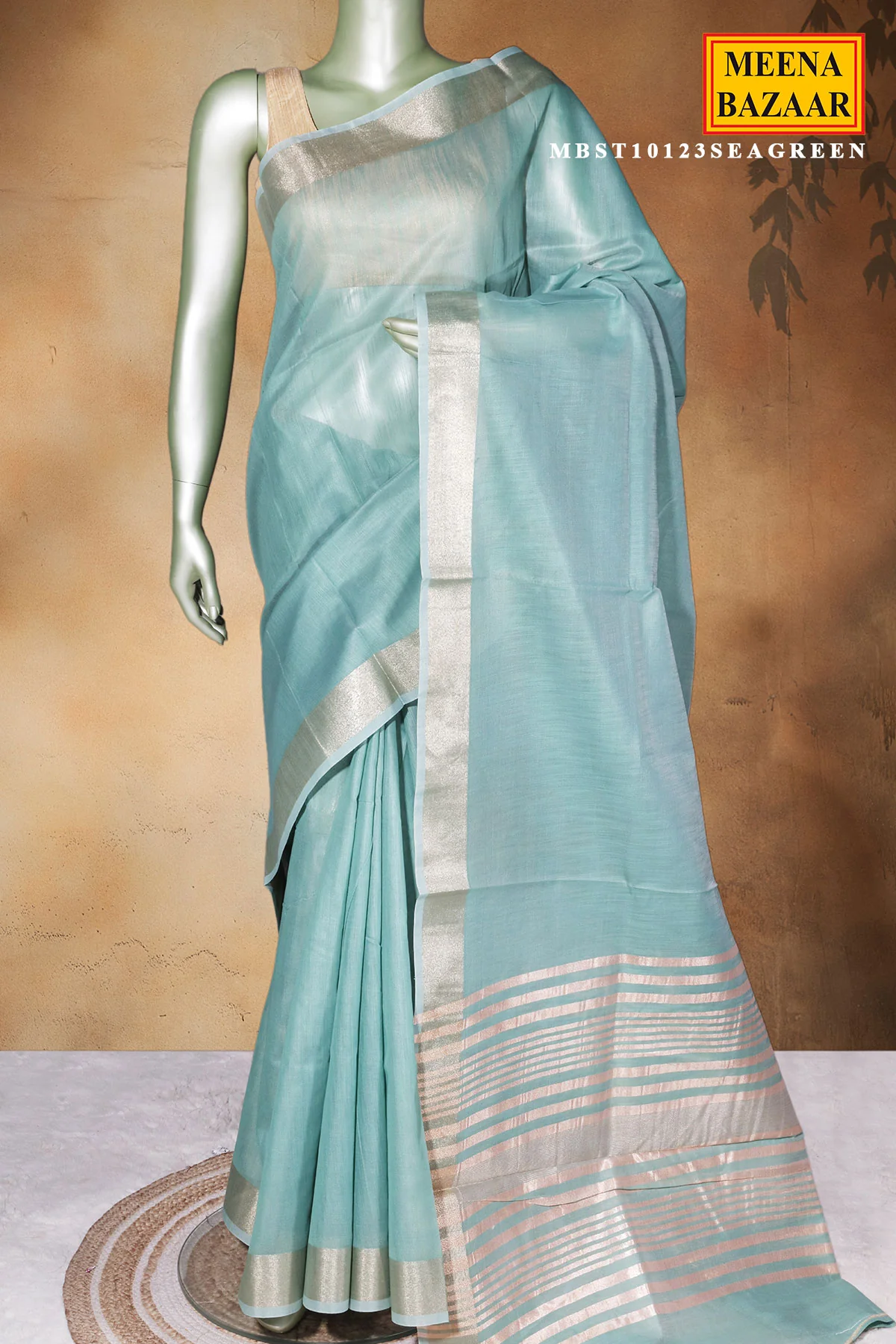 Sea Green Cotton Saree with Elegant Weaving - Image 3