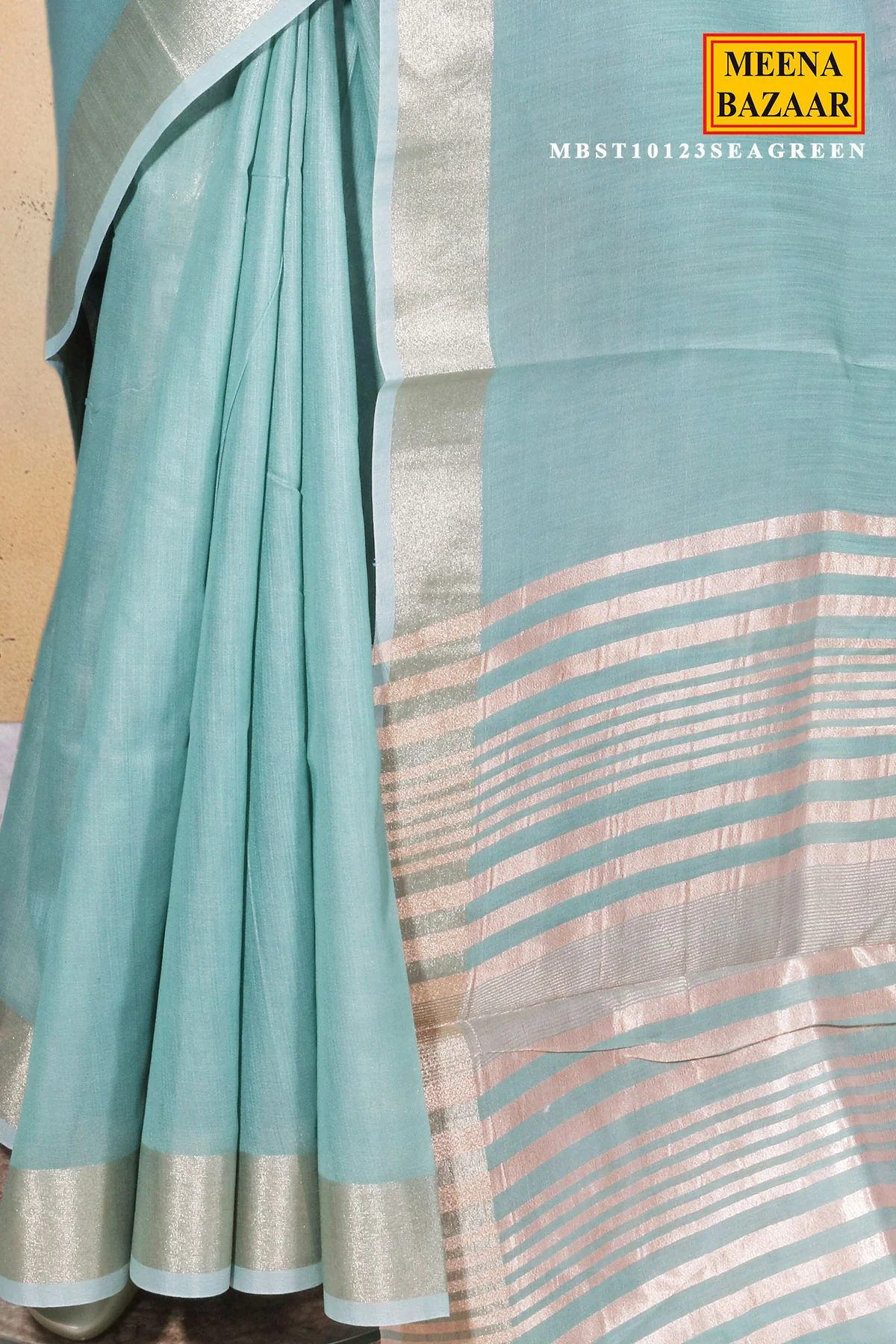 Sea Green Cotton Saree with Elegant Weaving - Image 5