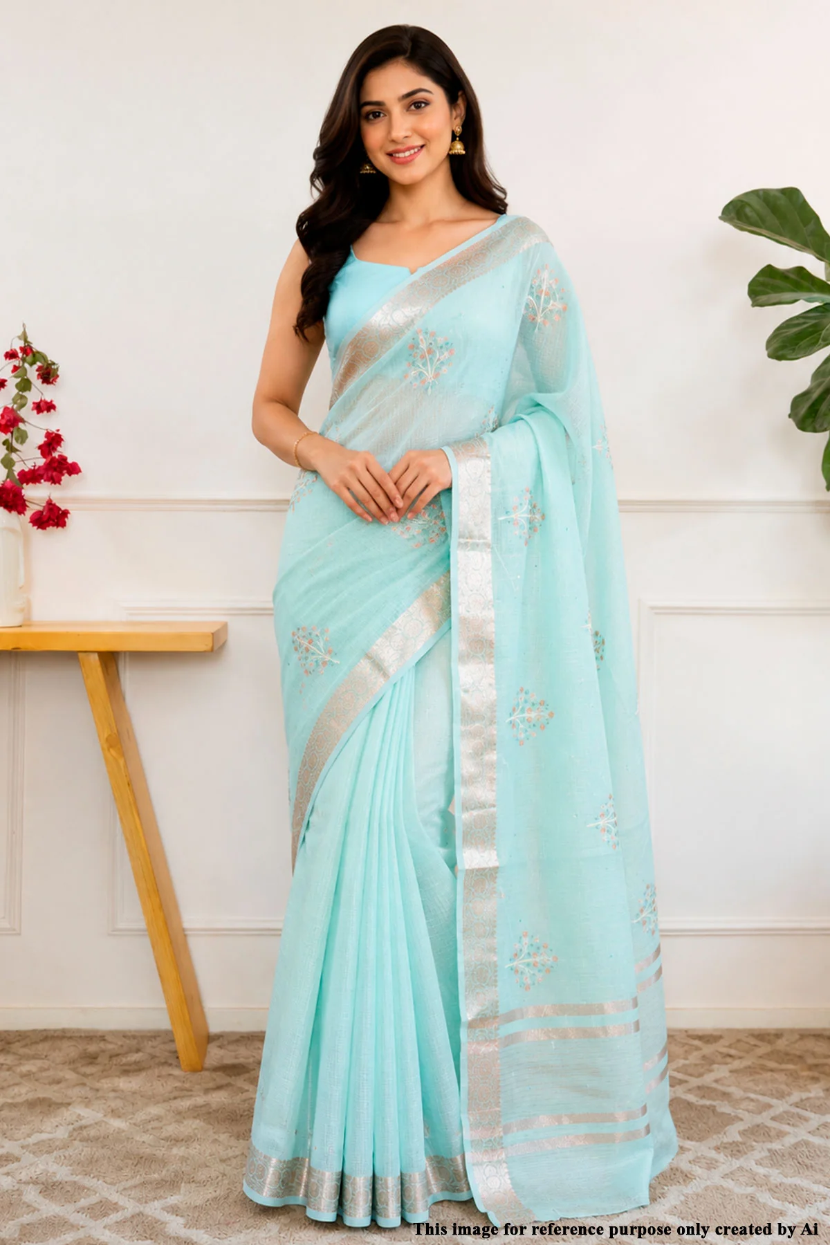 Sea Green Cotton Saree with Resham Butta Weaving