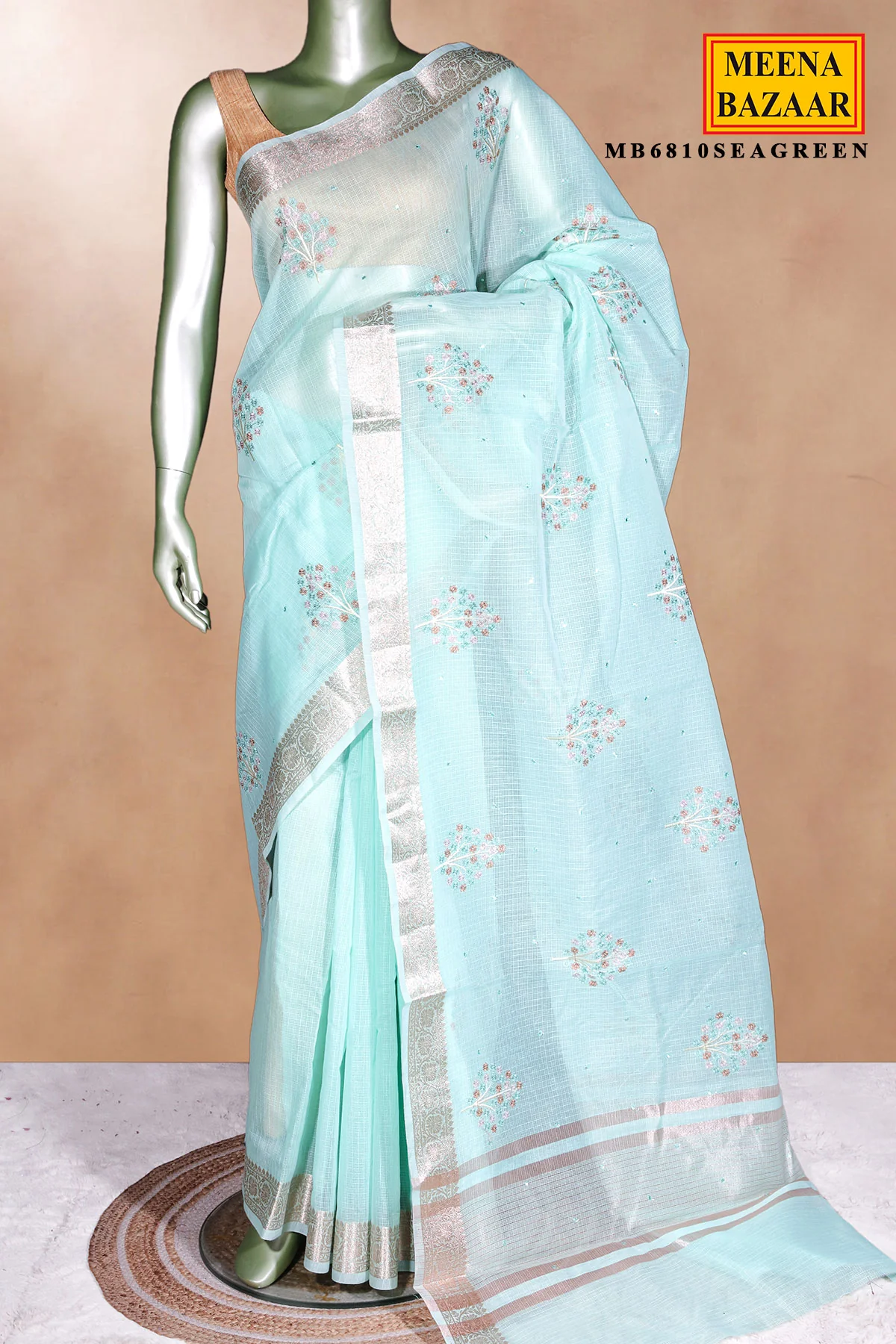 Sea Green Cotton Saree with Resham Butta Weaving - Image 2