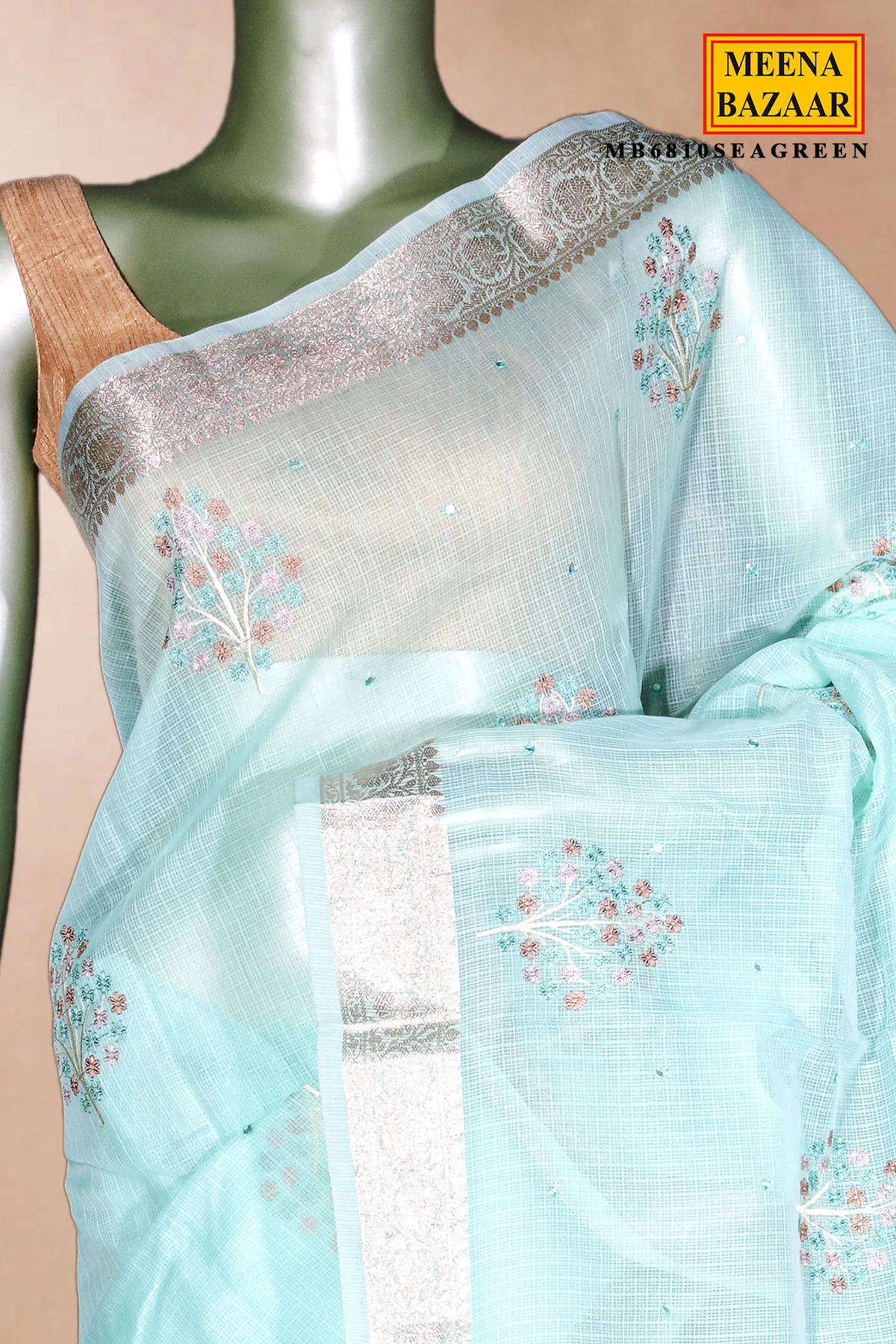 Sea Green Cotton Saree with Resham Butta Weaving - Image 3