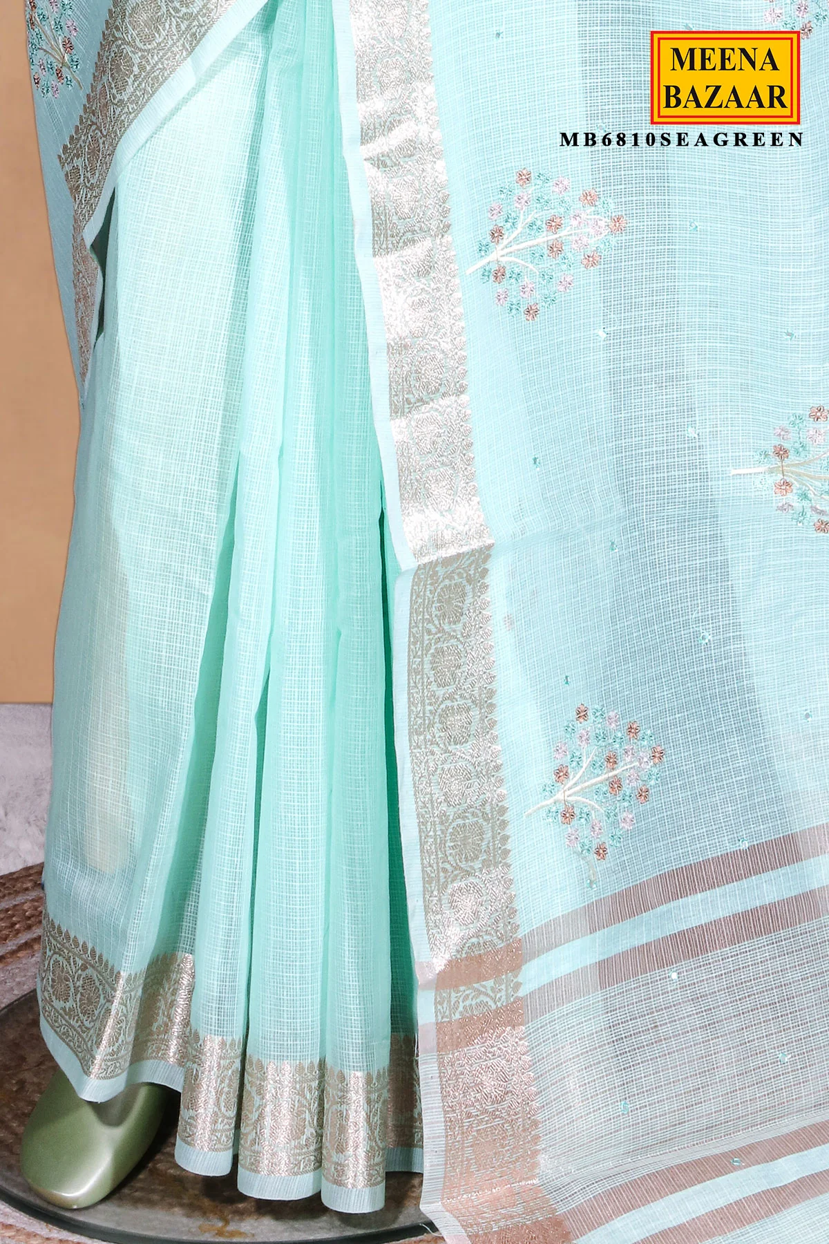 Sea Green Cotton Saree with Resham Butta Weaving - Image 4