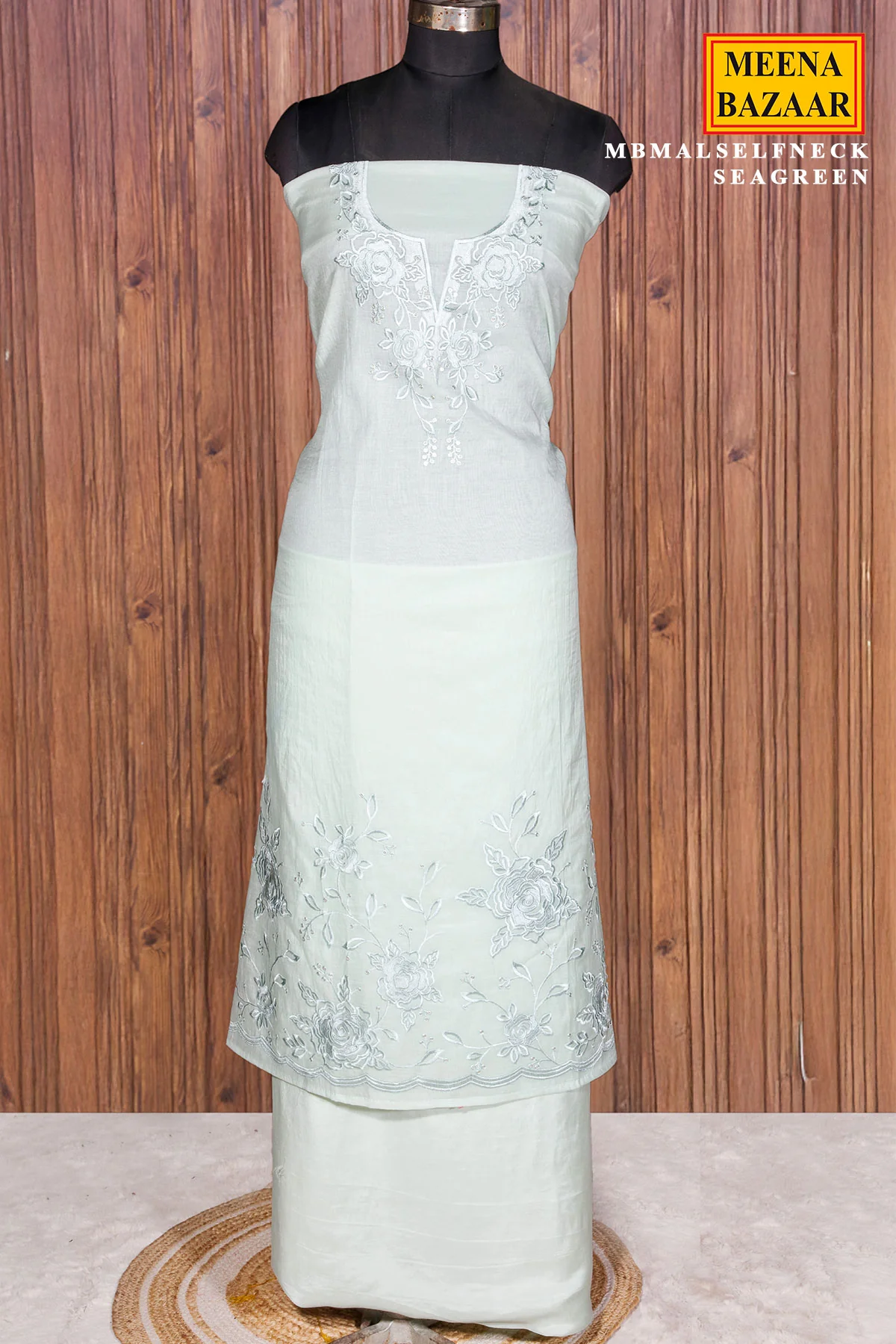 Sea Green Cotton Unstitched Suit with Neck Embroidery - Image 3