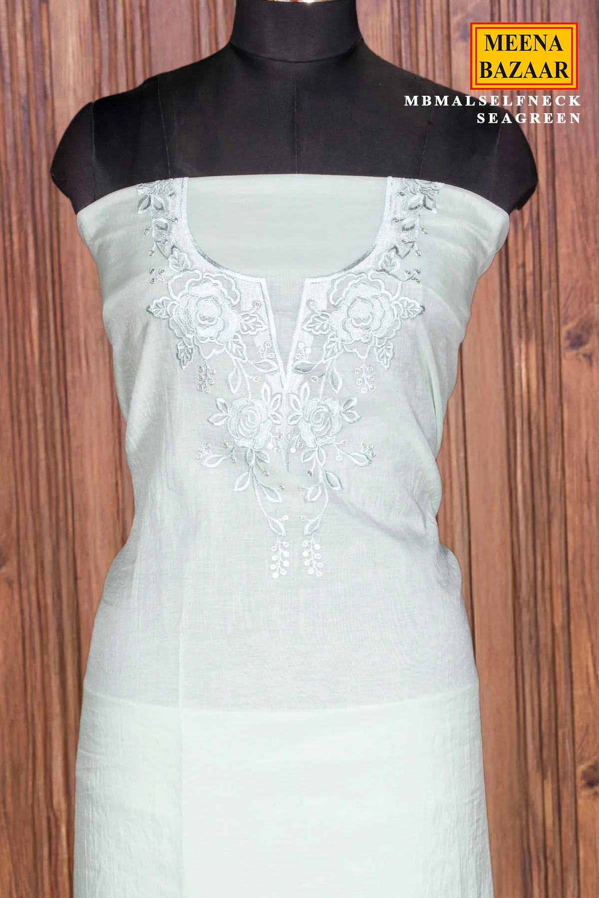 Sea Green Cotton Unstitched Suit with Neck Embroidery - Image 4