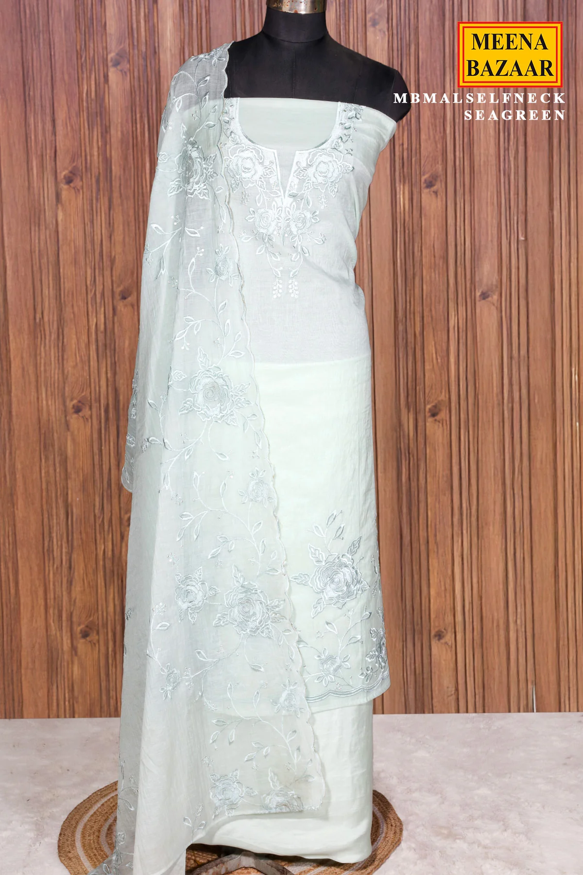 Sea Green Cotton Unstitched Suit with Neck Embroidery - Image 5