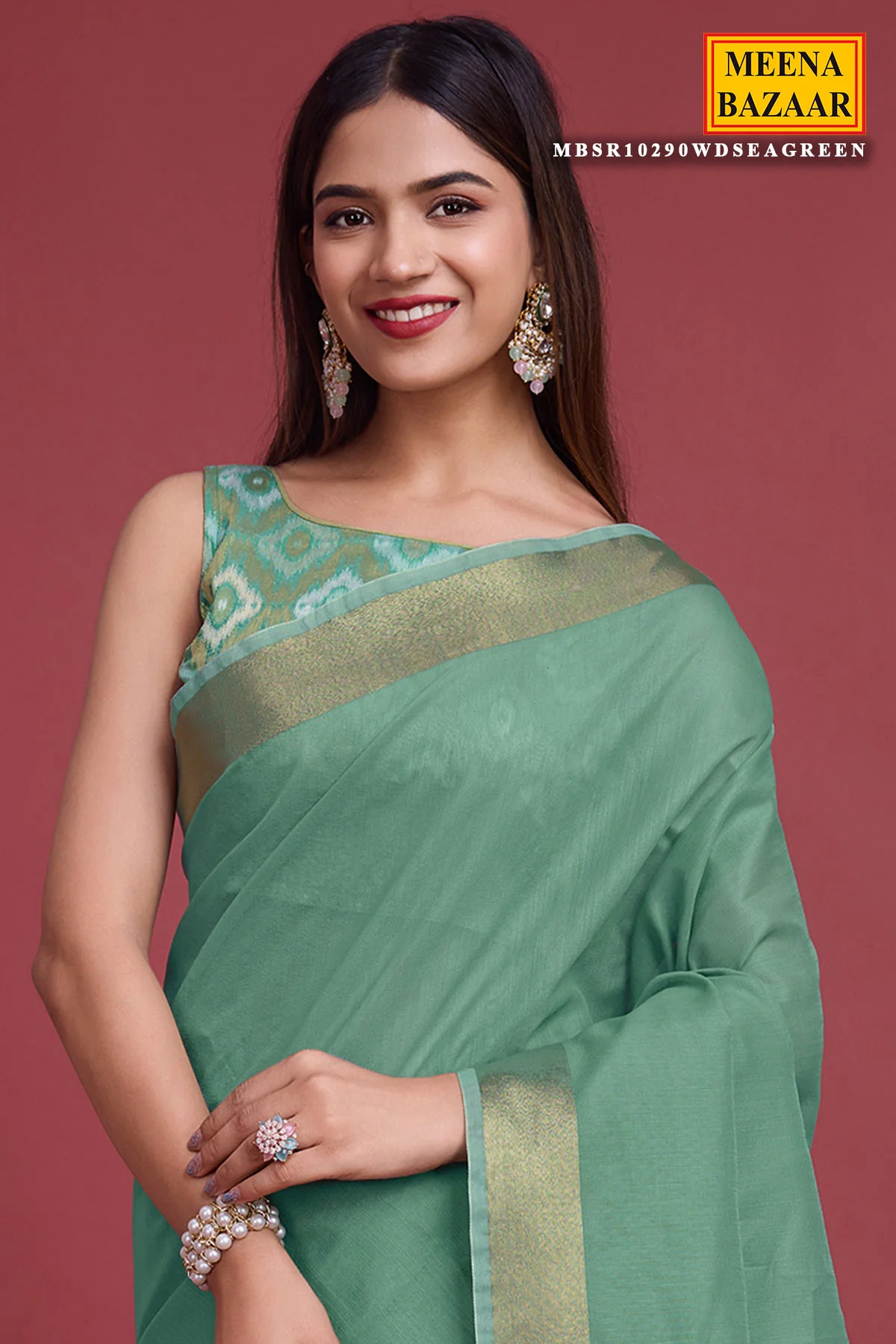 Sea Green Cotton Weaving Saree – Elegant Everyday Comfort - Image 2