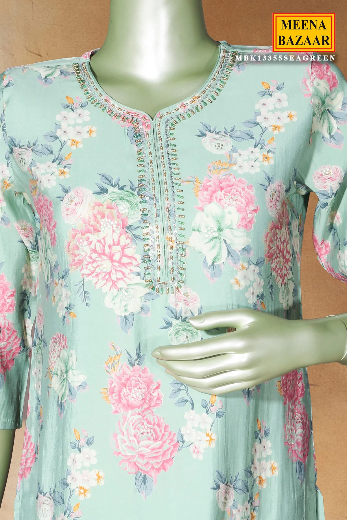 Sea Green Maslin Ready Made Suit with Elegant Neck Embroidery - Image 4