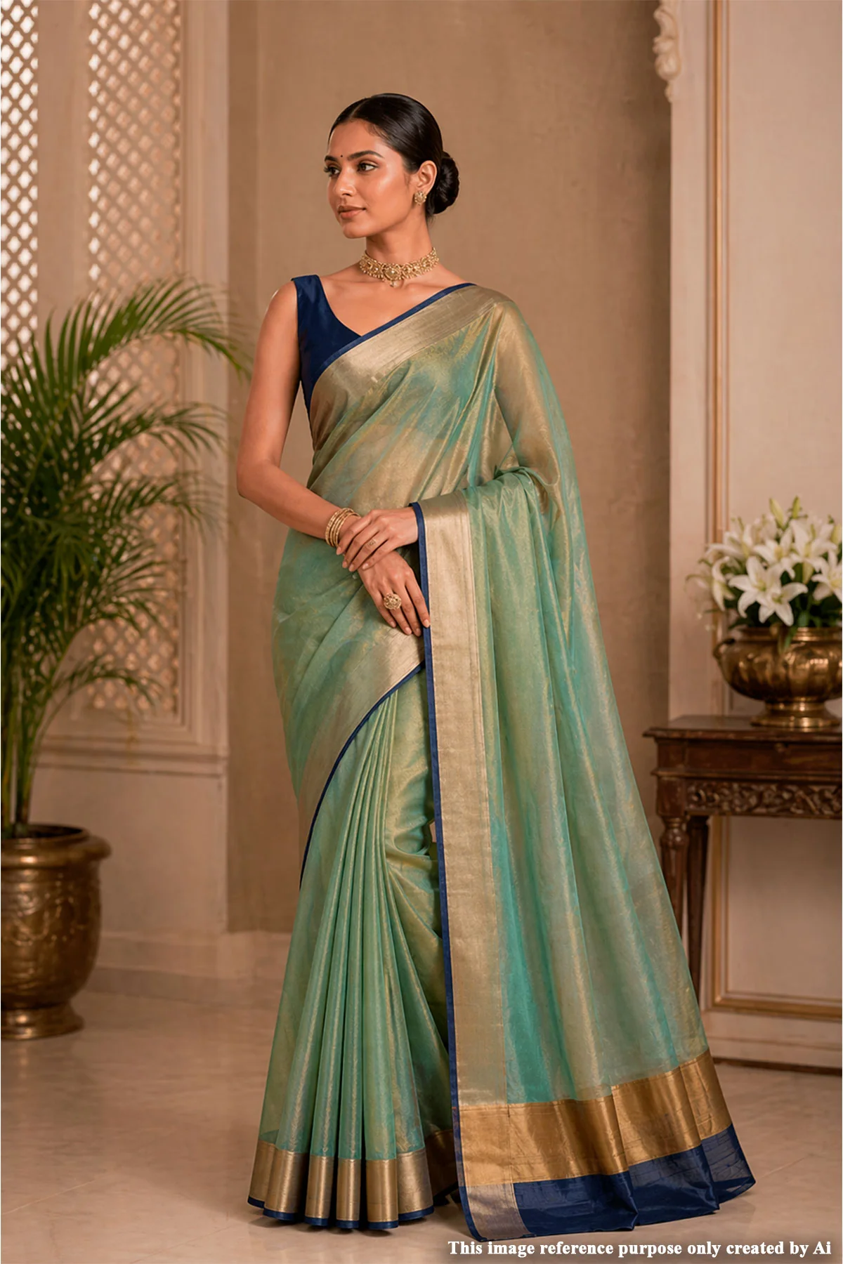 Sea Green Organza Weave Saree with Navy Blue Accents