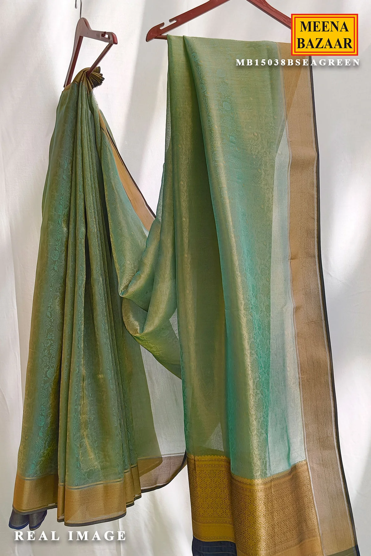 Sea Green Organza Weave Saree with Navy Blue Accents - Image 2