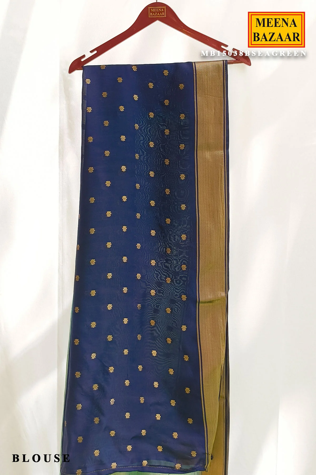 Sea Green Organza Weave Saree with Navy Blue Accents - Image 3