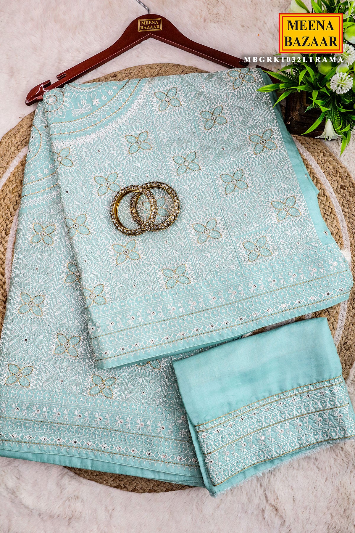 Sea Green Silk Resham Threadwork Zari & Sequins Embroidered Saree - Image 2