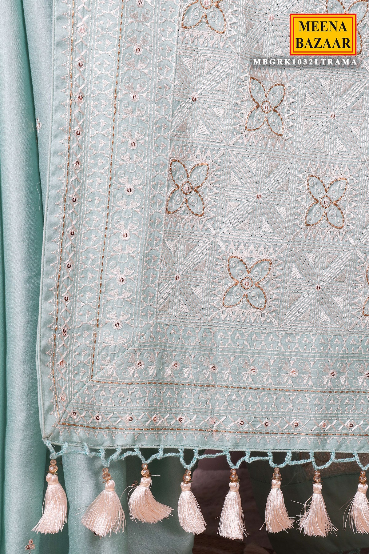 Sea Green Silk Resham Threadwork Zari & Sequins Embroidered Saree - Image 7