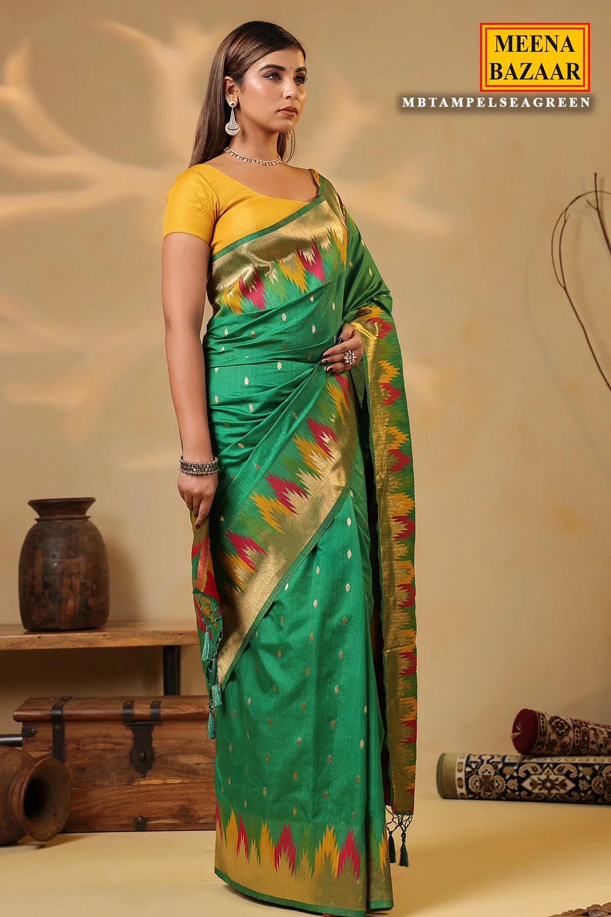 Sea Green Silk Woven Saree – Elegant Handwoven Design - Image 7