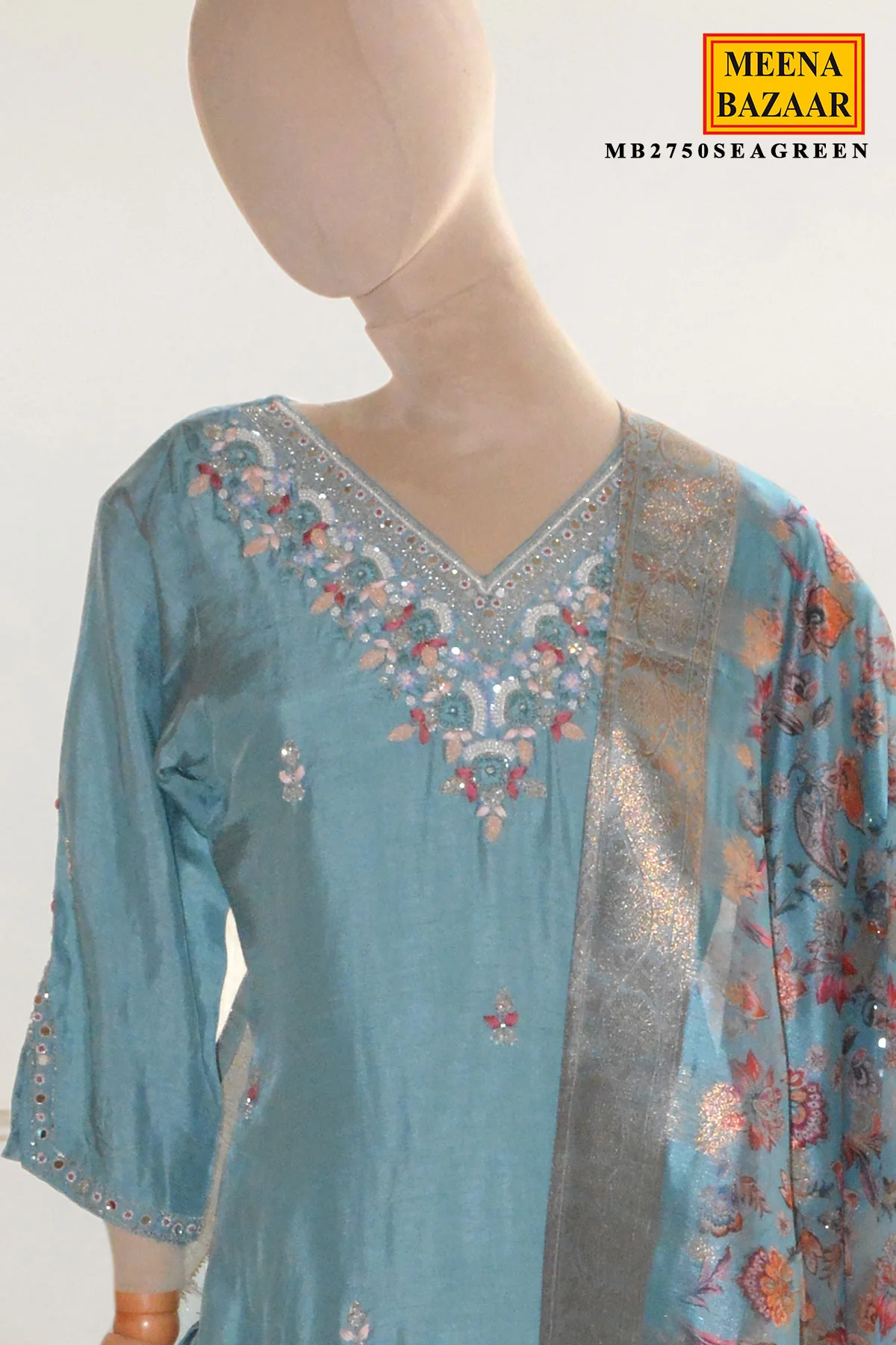 Sea Green Suit Set with Floral Dupatta - Image 3