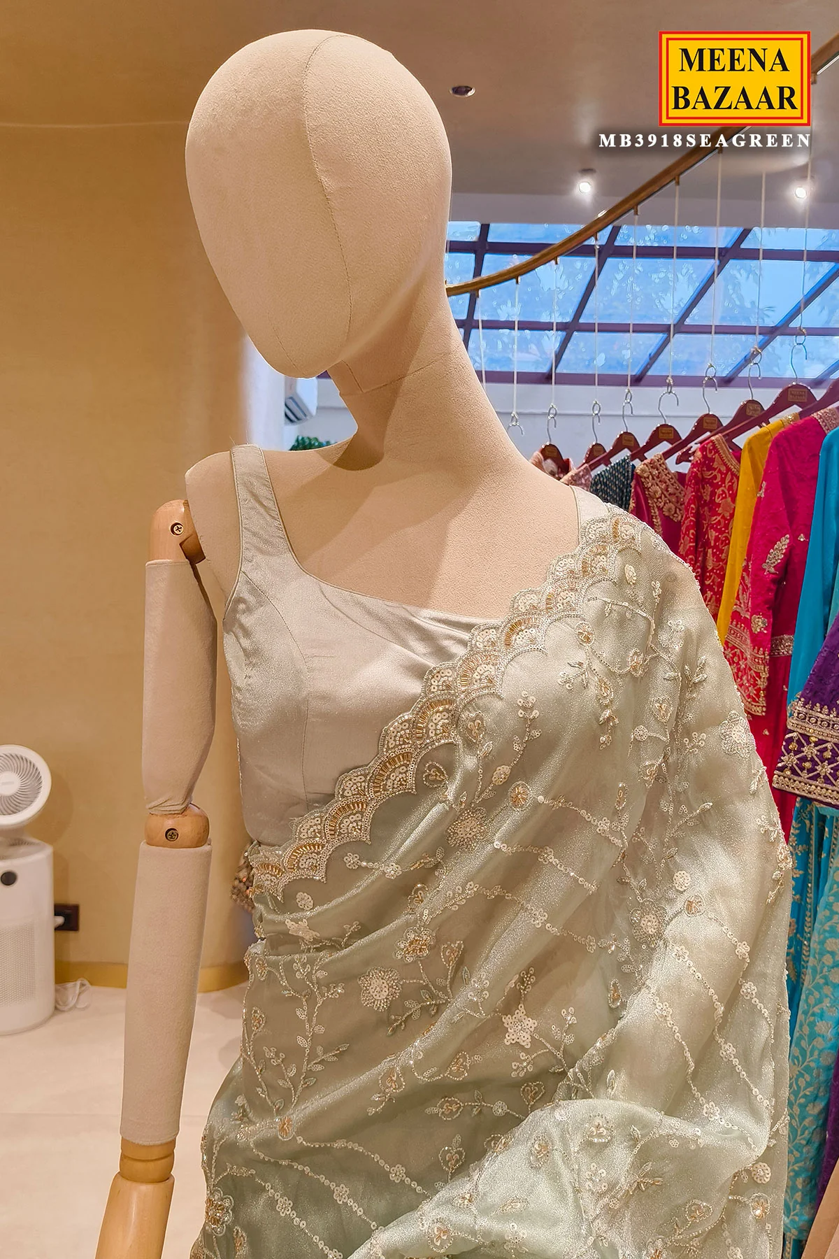 Sea Green Tissue Embroidered Saree - Image 2