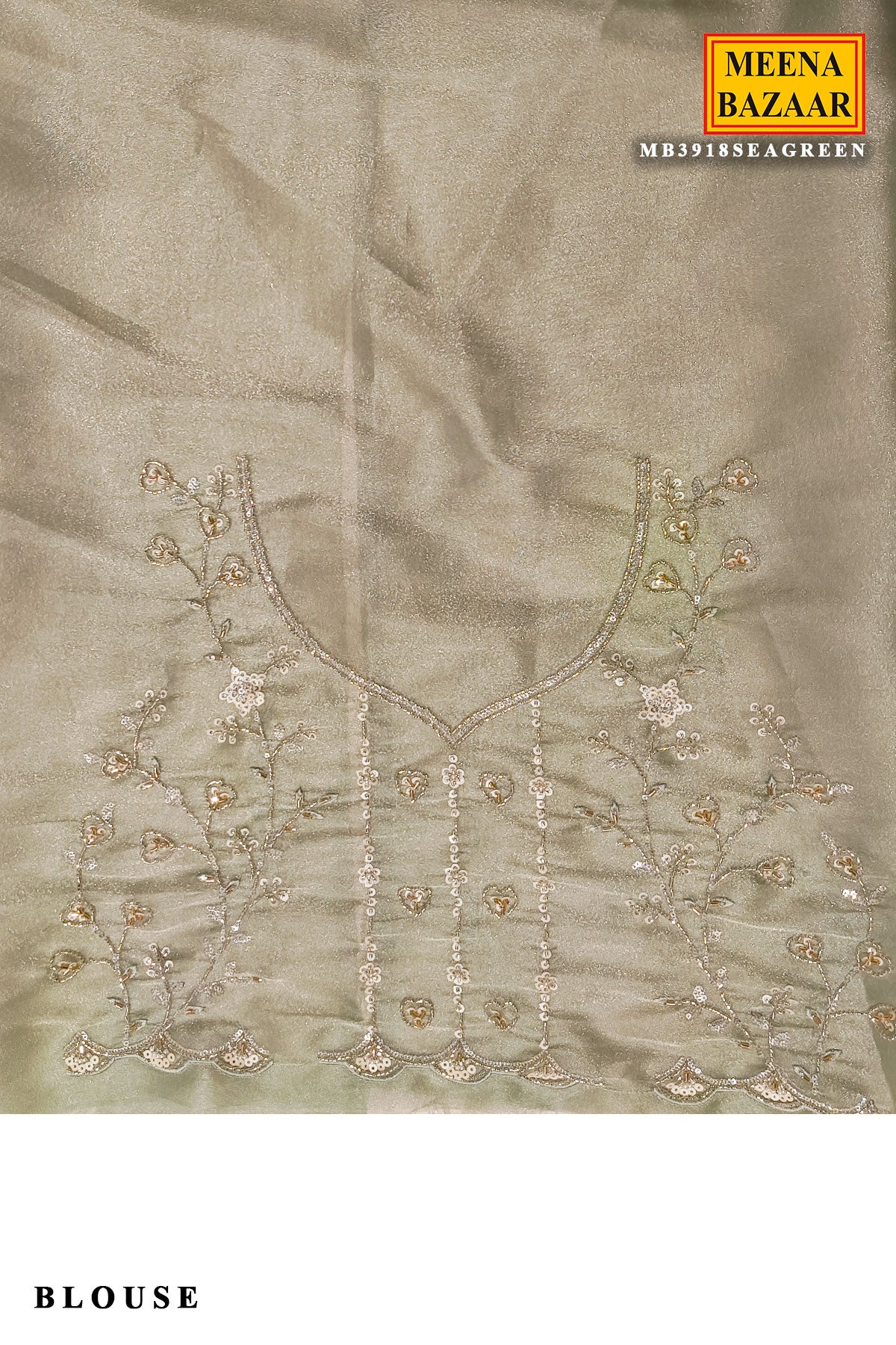 Sea Green Tissue Embroidered Saree - Image 4