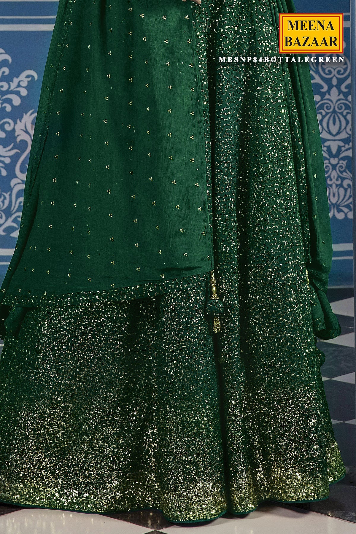 Sequined Bottle Green Georgette Lehenga - Image 3