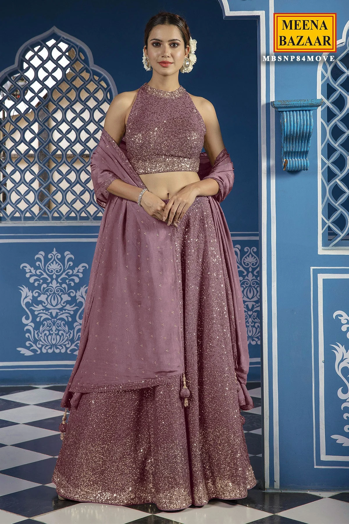 Sequined Mauve Georgette Lehenga - Image 2