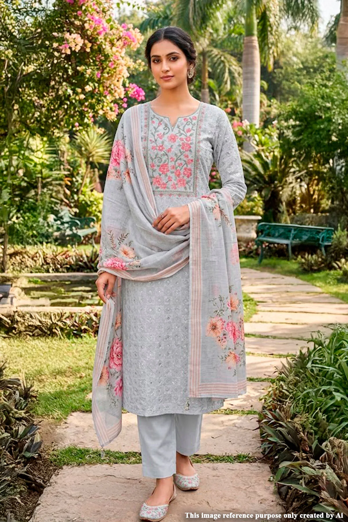 Soft Grey Floral Embroidered Unstitched Suit