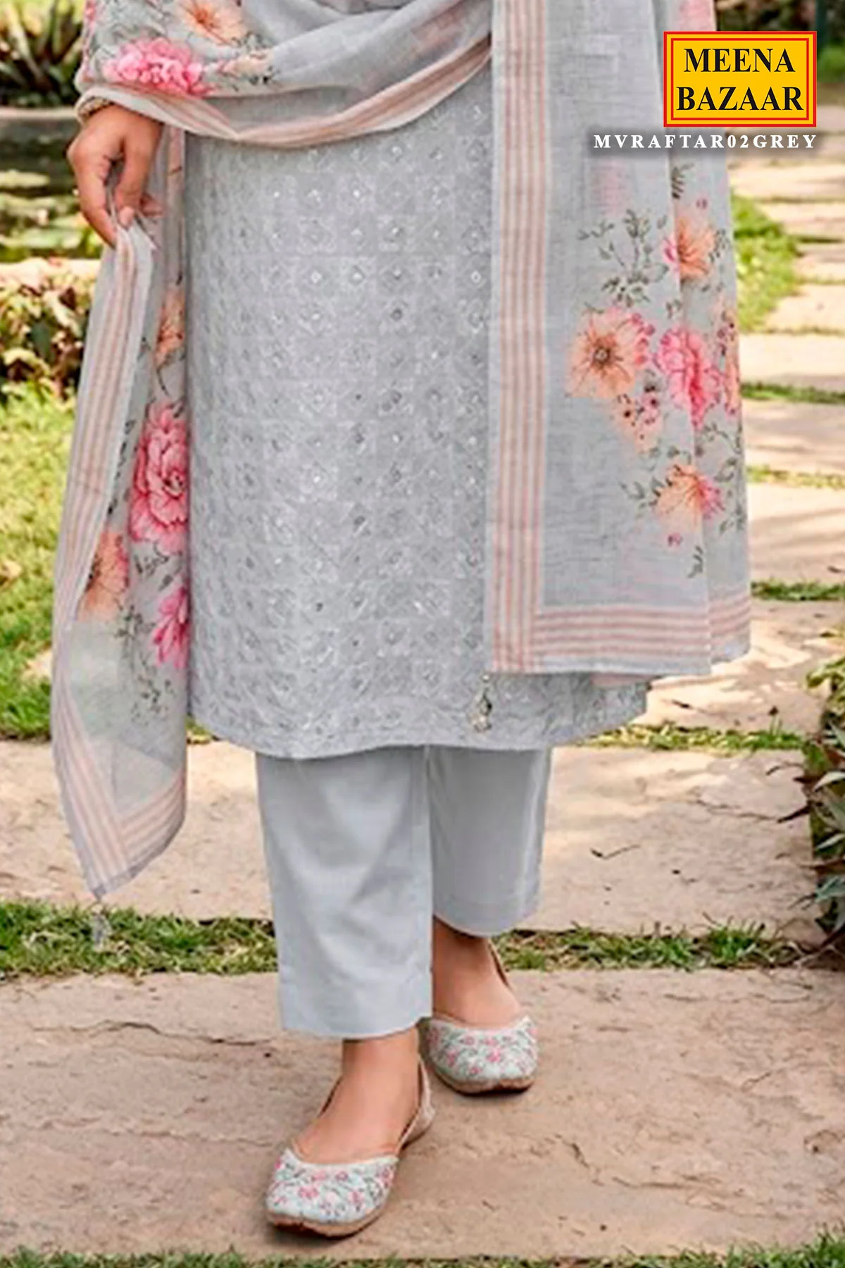 Soft Grey Floral Embroidered Unstitched Suit - Image 3